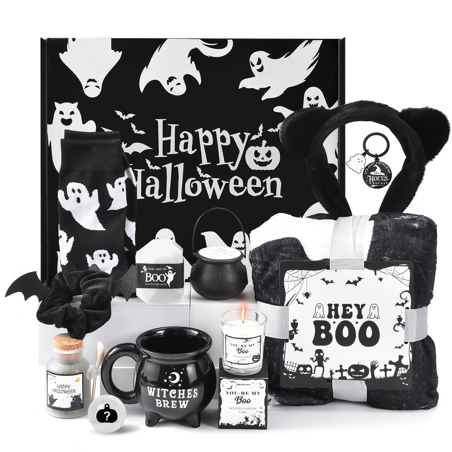 Boo Basket Stuffers for Women Teens - 11Pcs Halloween Boo Basket Stuffers Gift Ideas with Ghost Blanket Cauldron Mug Socks & Spa Gifts for Women Teen Girls