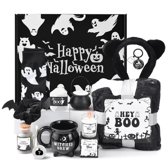 Boo Basket Stuffers for Women Teens - 11Pcs Halloween Boo Basket Stuffers Gift Ideas with Ghost Blanket Cauldron Mug Socks & Spa Gifts for Women Teen Girls