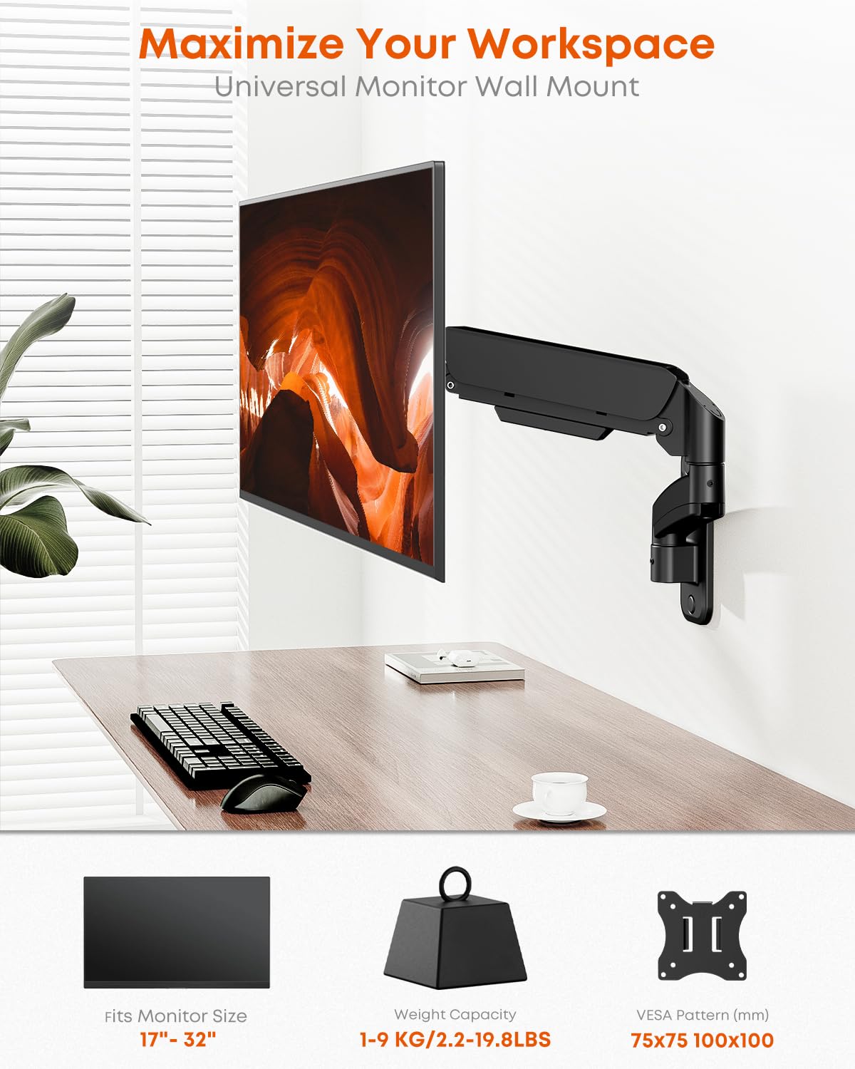 Single Monitor Wall Mount Bracket - Full Motion Gas Spring Arm for 13-32" Screens, Holds Up to 19.8 lbs (9 kg), Height Adjustable Wall Mount Monitor Arm, Tilt, Swivel, Rotation, VESA 75/100mm, Black