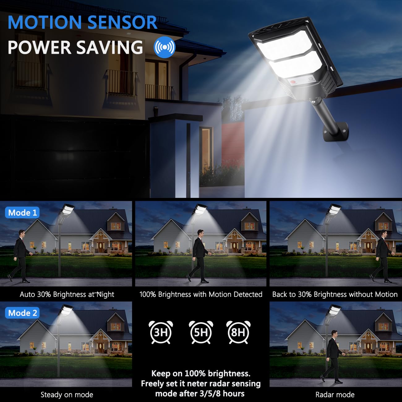 Solar Street Lights Outdoor, 8500K LED Solar Powered Light Dusk to Dawn Flood Waterproof Lamp with Motion Sensor Wall Mount Security Lights for Backyard, Yard, Garage, Garden