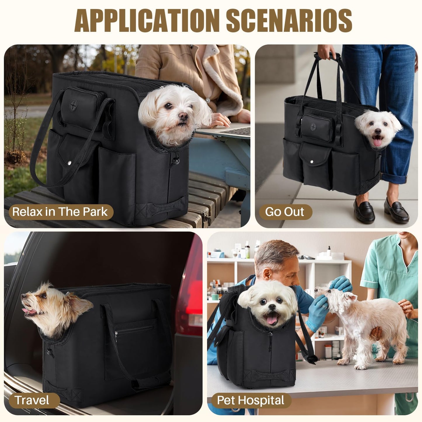 SlowTon Dog Purse Carrier - Portable Dog Carrier Tote Bag with Pockets & Safety Leash, Breathable Pet Handbag for Small to Medium Cats Puppies (Black)