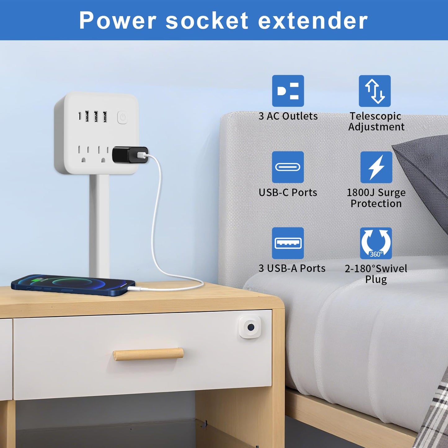 Electrical Outlet Extender Stick, 180° Rotating Surge Protector Power Strip, Featured 3 AC and 4 USB Ports, Multi Plug Wall Outlet Splitter | Ideal for Behind Couches, Nightstands, Desks | White