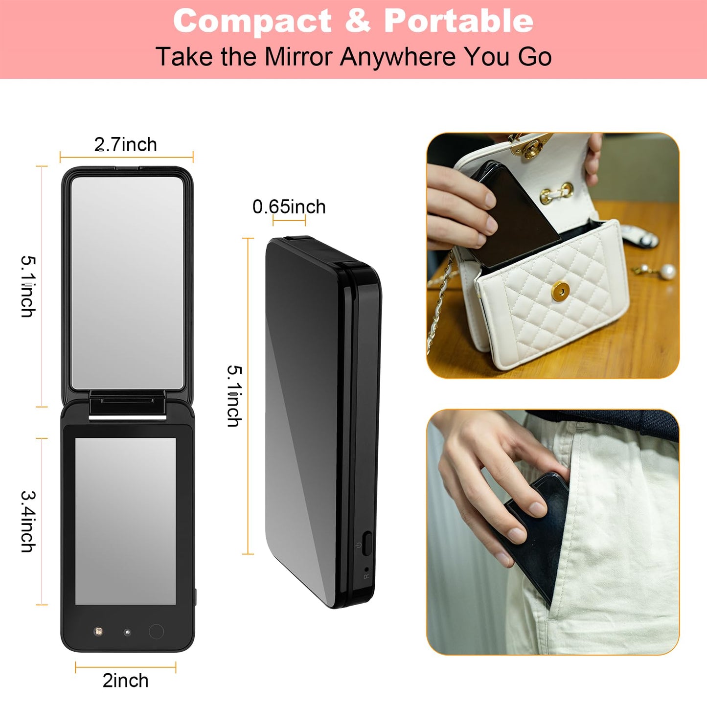 Vanmirr Compact UV Mirror with UV Camera for Sunscreen Test, 4 Inch Rechargable Travel Mirror Handheld Double-Sided Pocket Mirror for Skin Protection