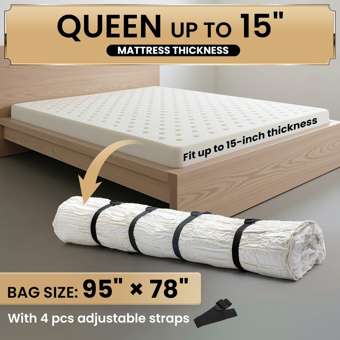 TAILI Mattress Vacuum Storage Bag, Full/Queen Mattress Vacuum Bag with 4 Straps, Sealable Bag for Memory Foam, Latex, Easy Moving, Transport and Storage