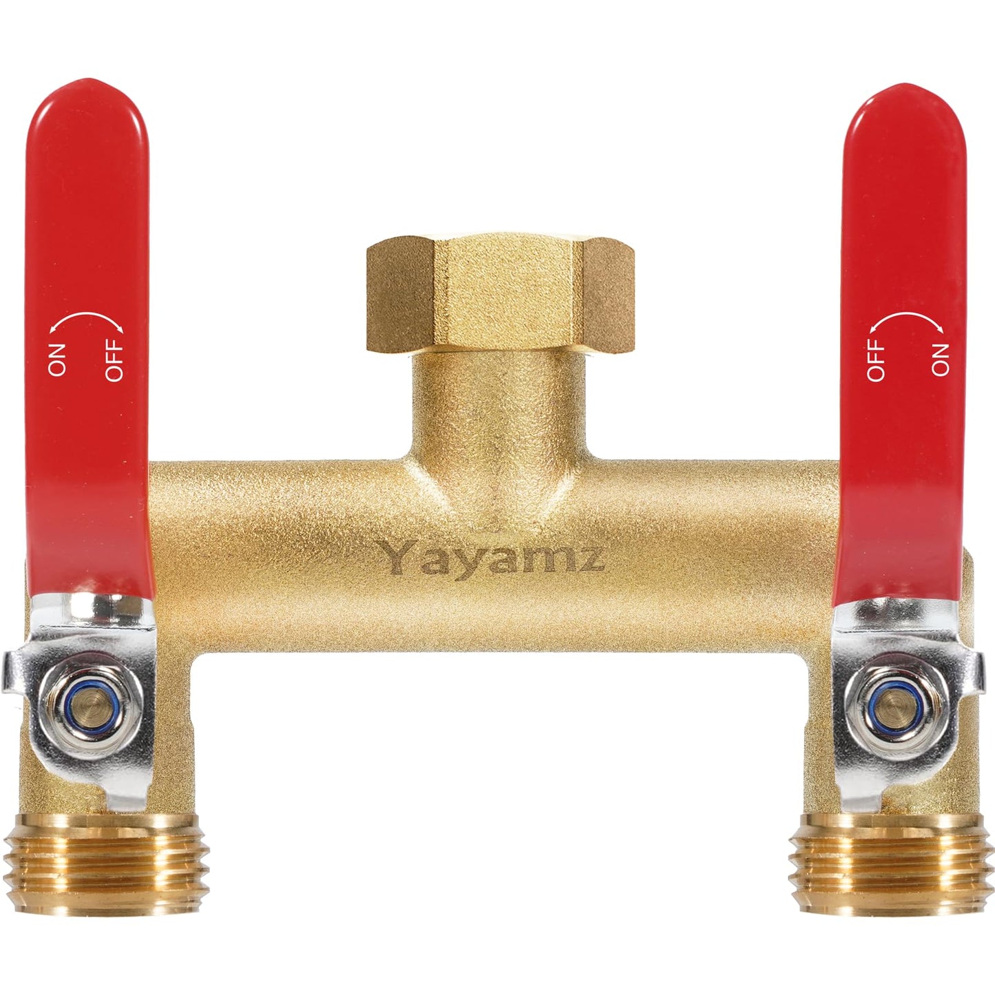 Yayamz 2-Way Garden Hose Splitter, Heavy Duty Brass Rustproof Faucet Manifold, 3/4” Frostproof Outdoor Hose Adapter Connector, Hose Faucet Adapter with 2 Large Red Extension Handles
