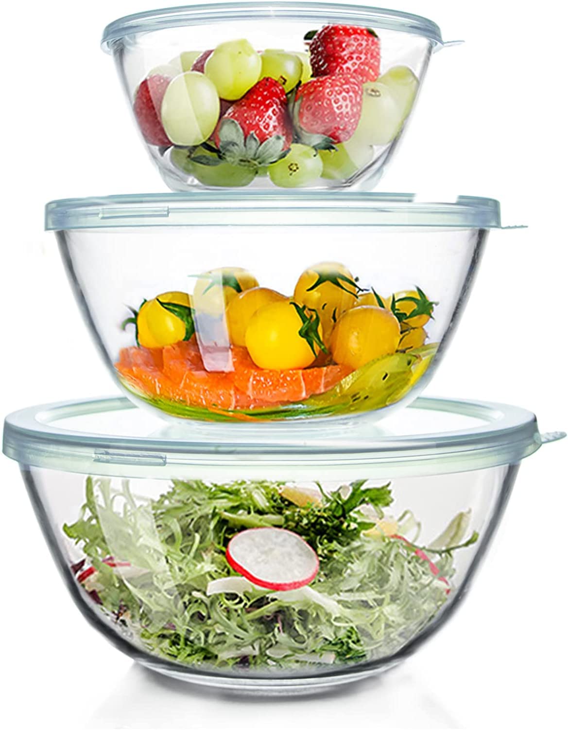 Luvan High Borosilicate Glass Mixing Salad Bowls with Lids Set of 3,4.5QT,2.7QT,1.1QT, Large Kitchen Nesting Bowls, Great for Food Storage, Cooking, Baking,Prepping,Dishwasher and Microwave Safe-3PCS