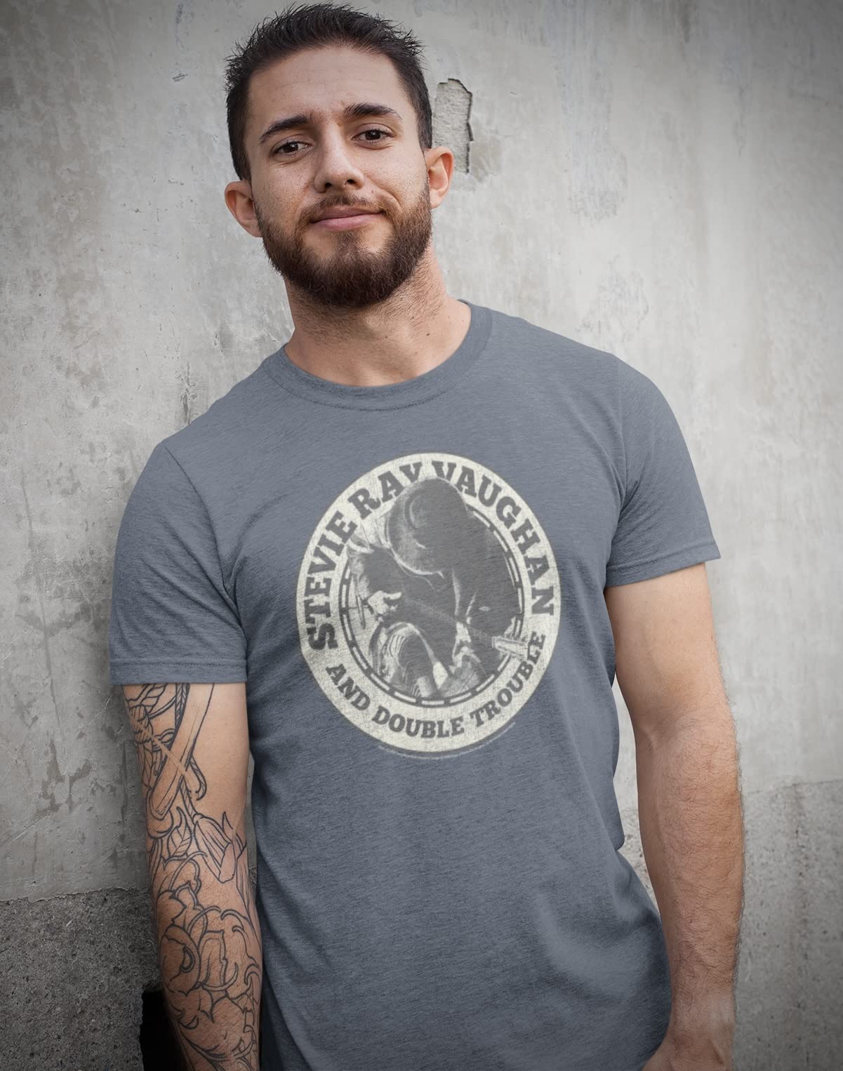 American Classics Stevie Ray Vaughan Guitarist and Double Trouble Stevie Playing Guitar Adult Tee Blue