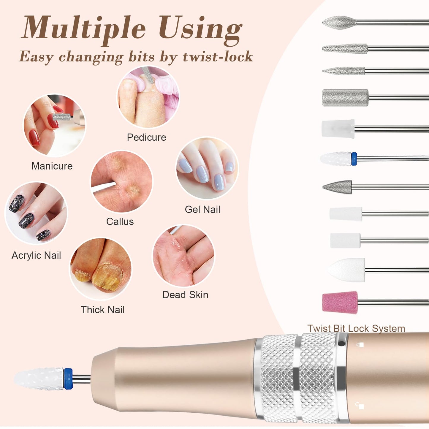 Kredioo Nail Drill Machine for Gel Acrylic Nails, 35000RPM Electric Nail File Professional Ongle E-drills with 11 Bits Manicure Pedicure Care Nails Kit for Gel Polish Remover Home Salon Tools-Gold