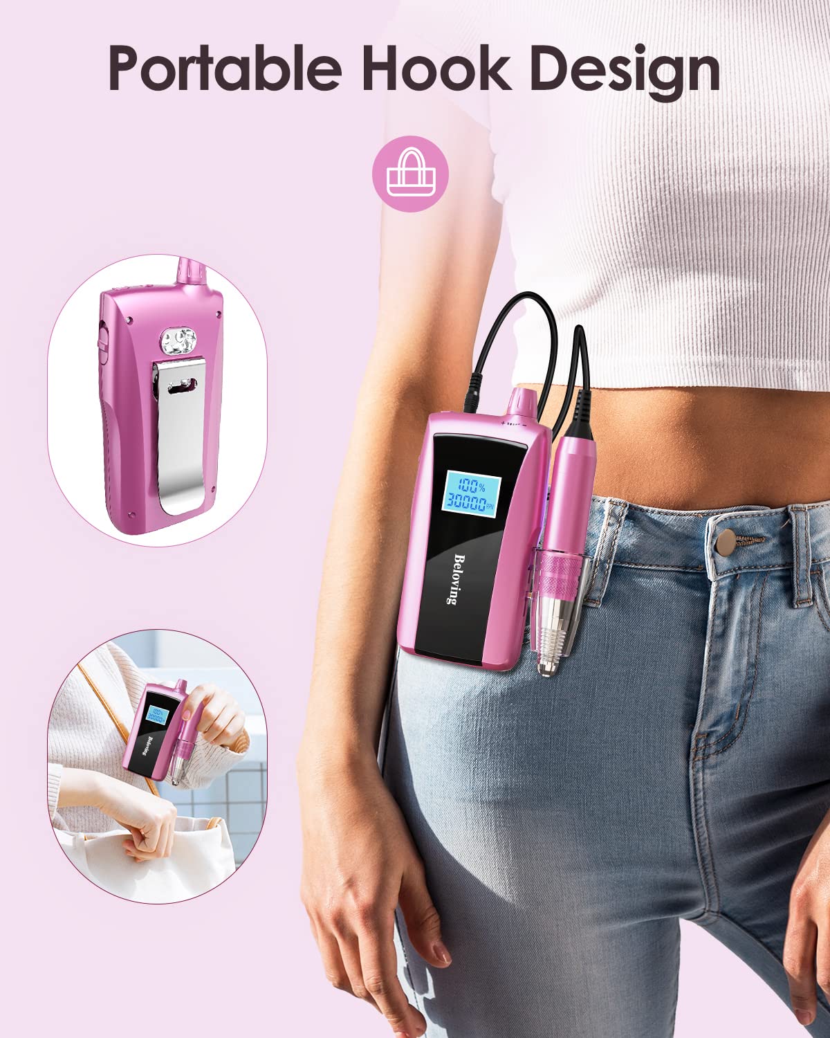 Beloving Rechargeable Portable Nail Drill, 30000rpm Acrylic Nail Drill with LED Display, Professional Electric Nail File Machine Efile Drill for Acrylic Nails, Gel Nails, Cuticle, Manicure, Pedicure, Pink