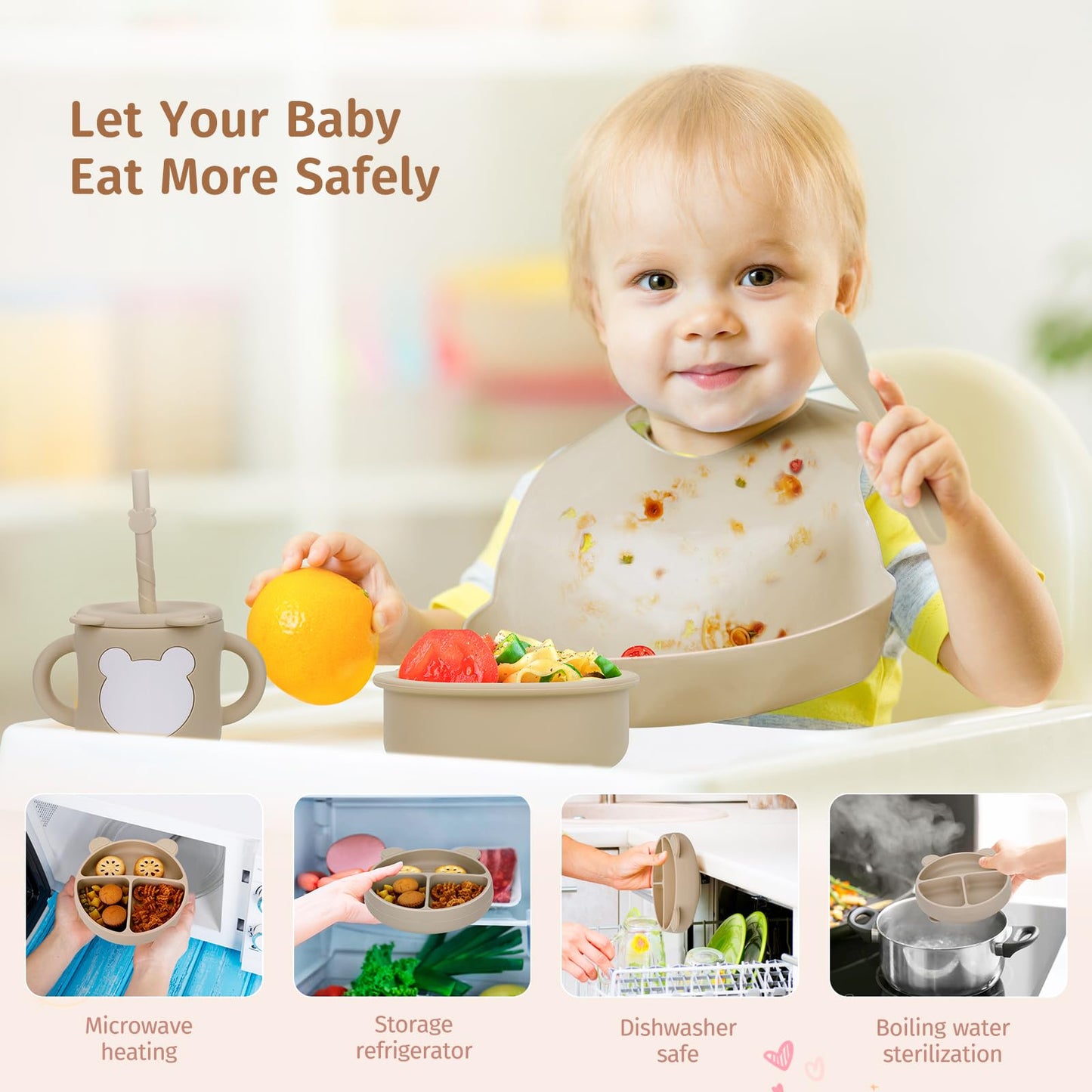 PERRYHOME 17-Piece Silicone Baby Feeding Set,Baby Led Weaning Feeding Supplies for Toddlers, Kids Suction Silicone Plates and Bowls Set for Baby Gift (Beige)