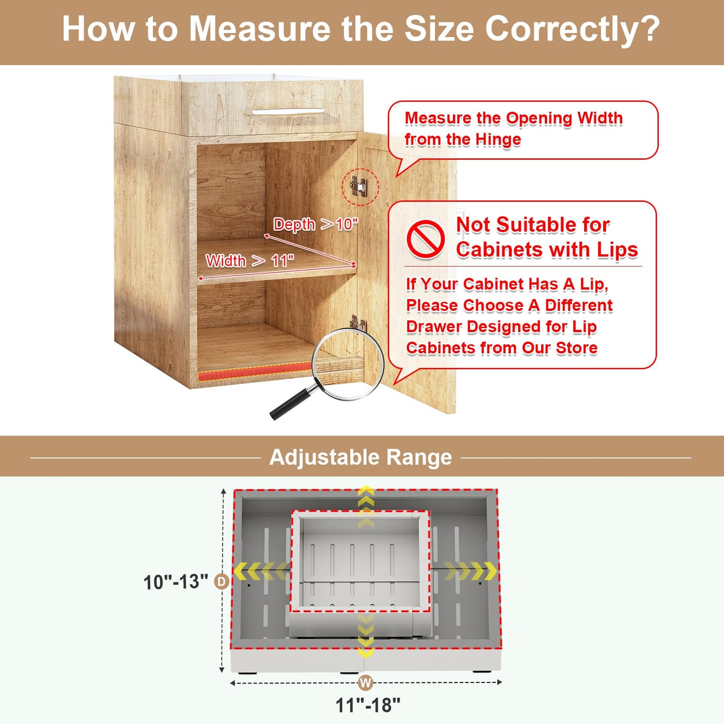 Fokyfok Pull out Cabinet Organizer,Width (11"-18") and Depth (10"-13") Expandable,No Drill Adjustable Slide out Drawers for Kitchen,Pantry,Adhesive Roll out Shelves,for Cabinets Without Lip,White