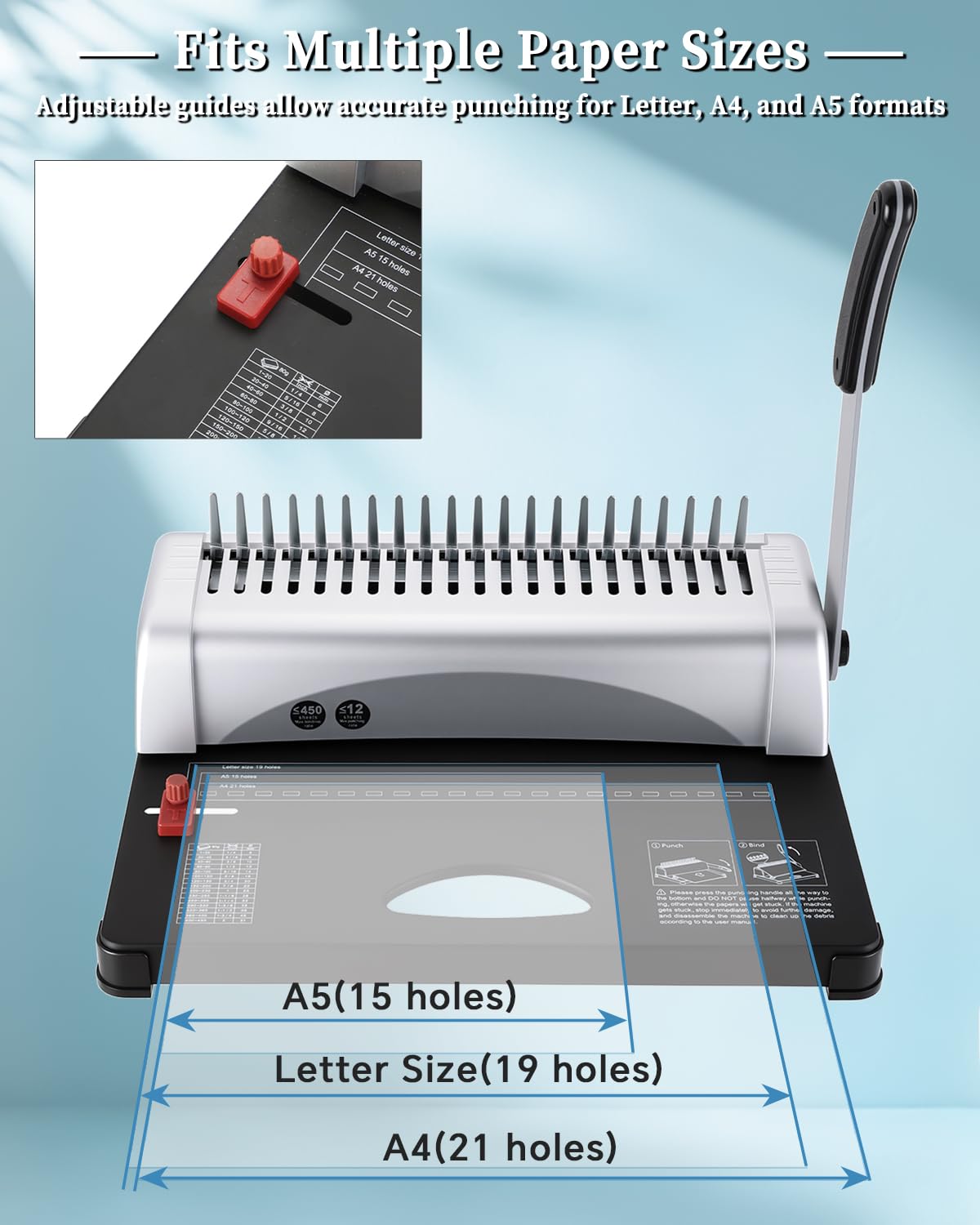 ATPEAM Comb Binding Machine 21-Holes 450 Sheets Capacity with 100 PCS 3/8'' Spines Comb Binding Machine for Letter Size, A4, A5