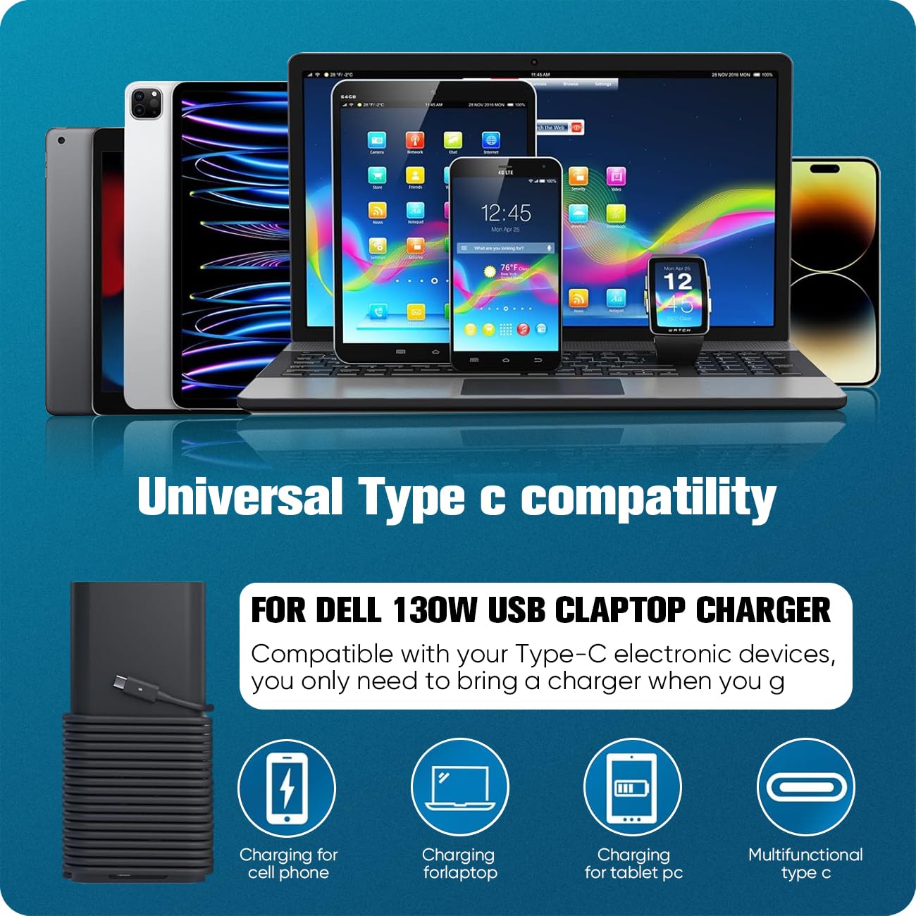 130W USB C Laptop Charger for Dell XPS 15 17 2in1 9575 9500 9510 9520 9530 9700 9710 9720 9730 Precision 5530 5550 5560 5570 5750 5760 3560 3570 3571 Latitude 5520 5420 5510 7410 7310 7210 9410 9510