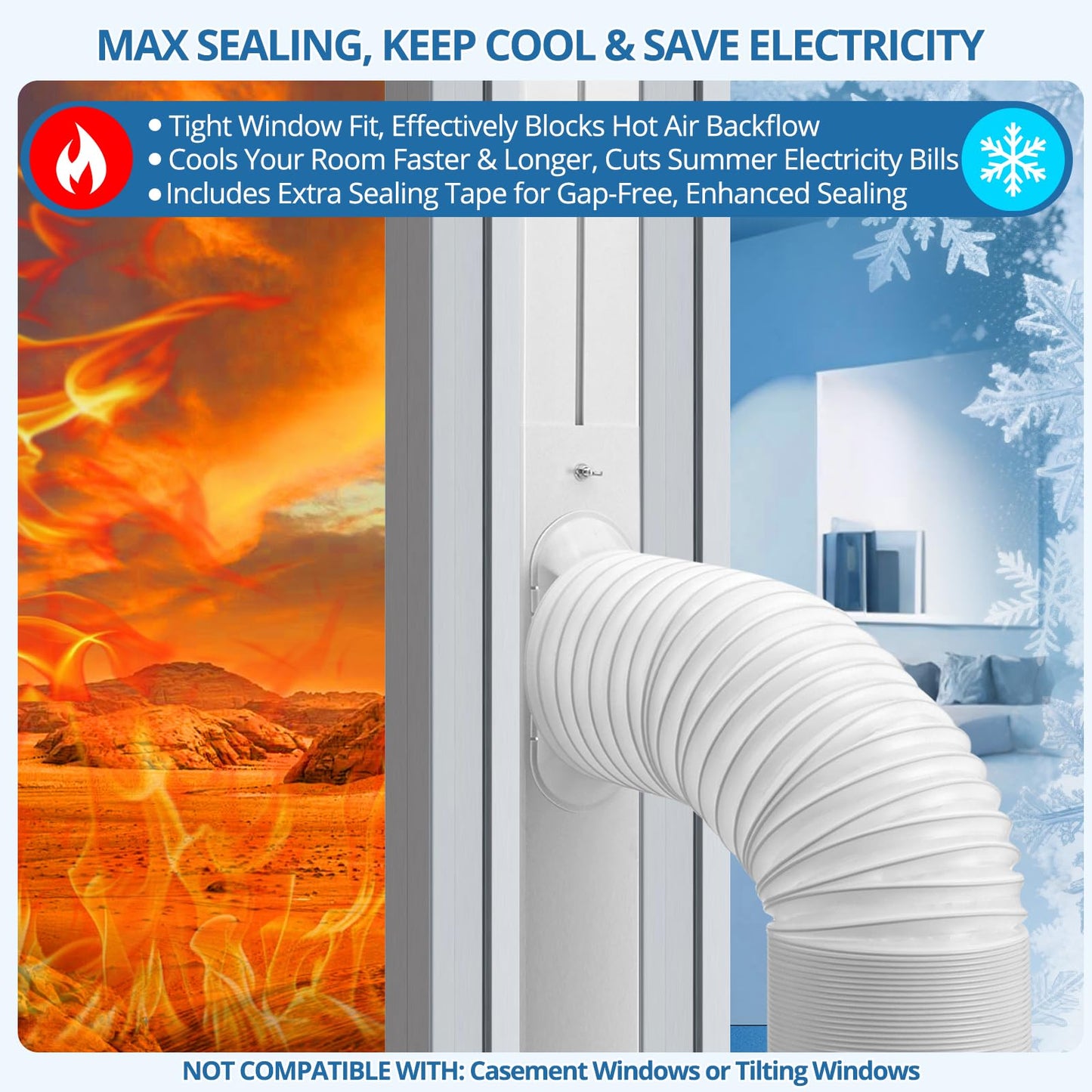 CRZFRI Portable AC Window Vent Kit, Universal Portable Air Conditioner Window Kit with 5.9x78.7 inch Anti-Clockwise Exhaust Hose, 3.9" W Adjustable Window Seal for Sliding Windows