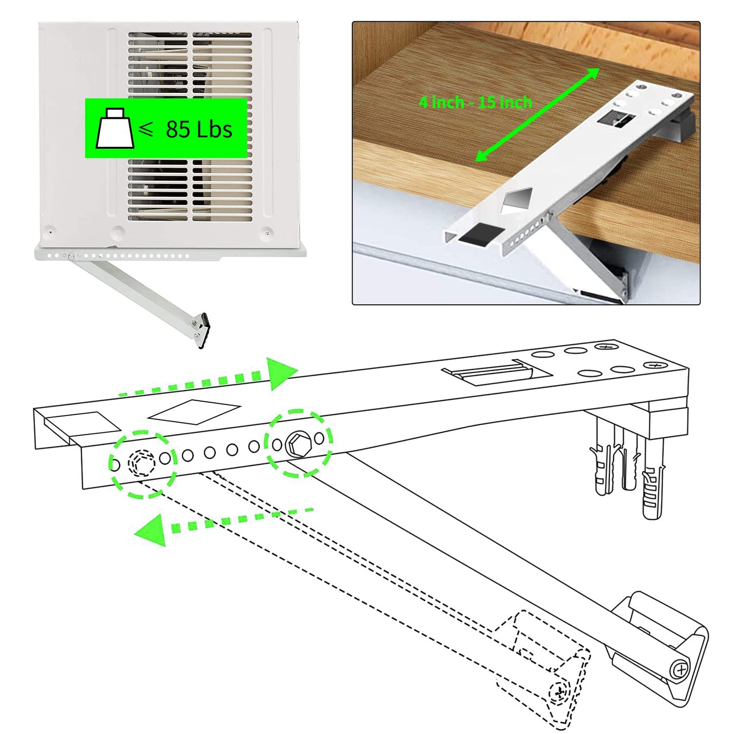 Window Air Conditioner Support Bracket,Relieves Weight Stress On The Window Frame A/C Safe Support Bracket Installs from Inside the House Built-in Bubble Level Window AC Mount Bracket up to 85lb