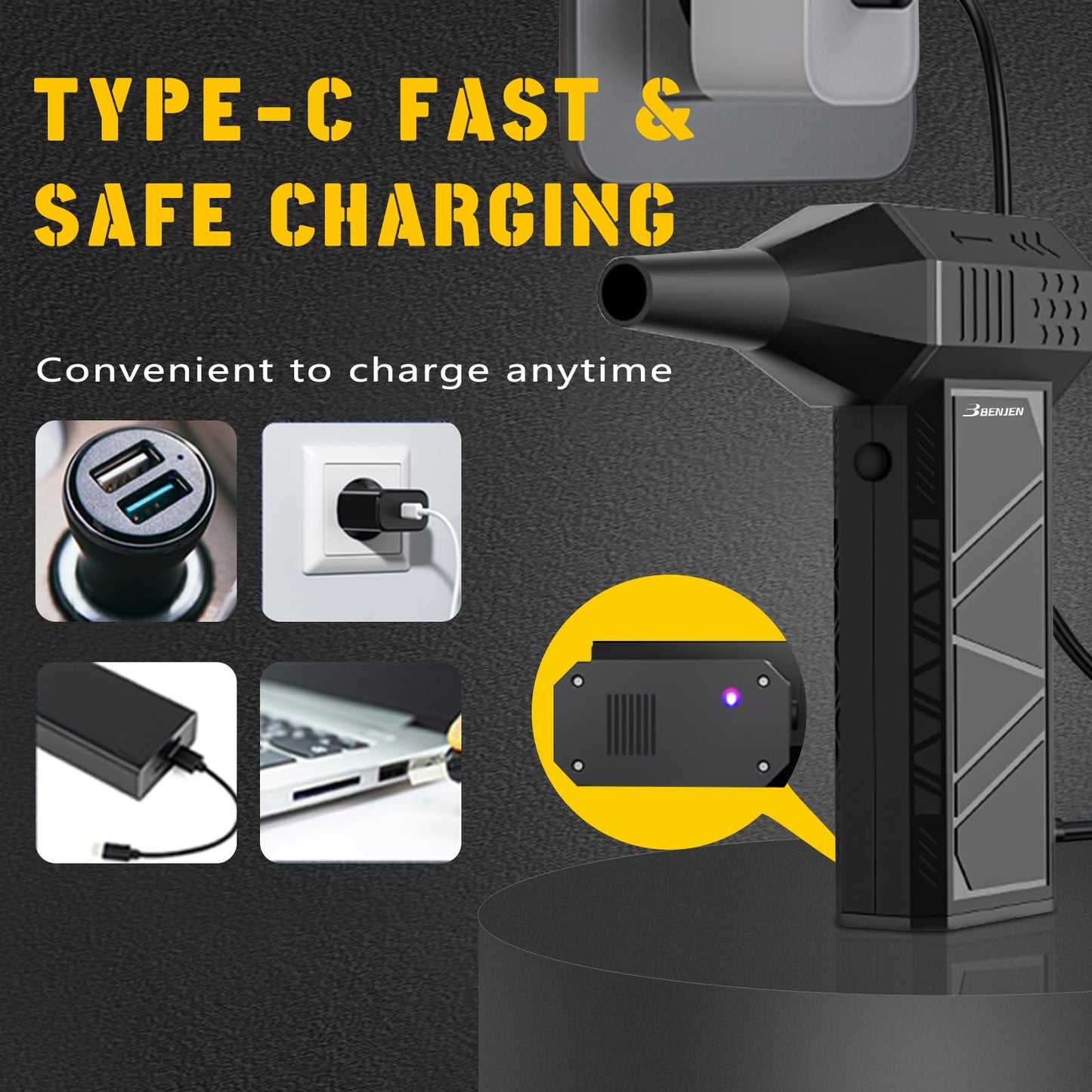 BENJEN Compressed Air Duster-150000RPM Electric Air Duster for Cleaning Keyboard & PC Infinitely Adjustable Speed Cordless Turbo Fan Turbo Dryer Blower for Car, Air Bed, Outdoors, Home.