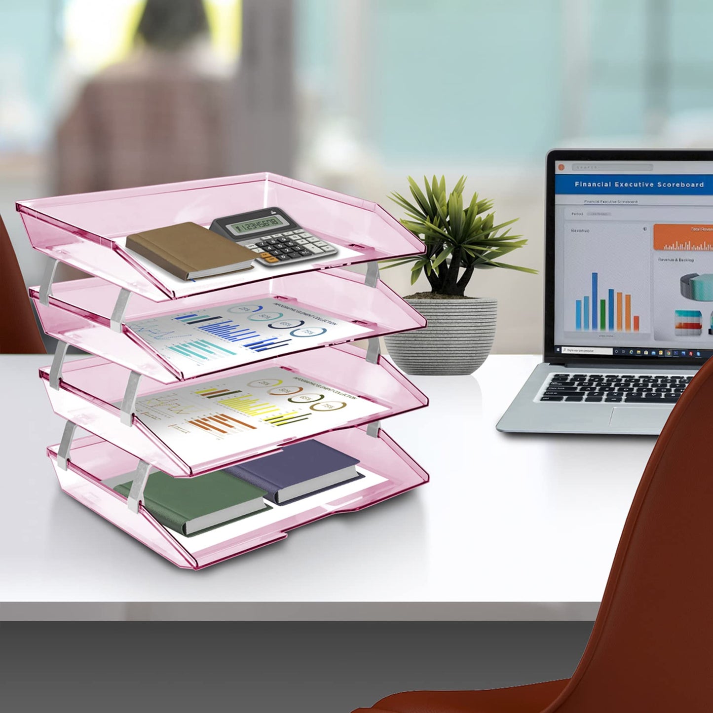 Acrimet Facility 4 Tier Letter Tray, Side Load, Letter Size/A4, Desktop File Organizer, Plastic(Clear Pink)