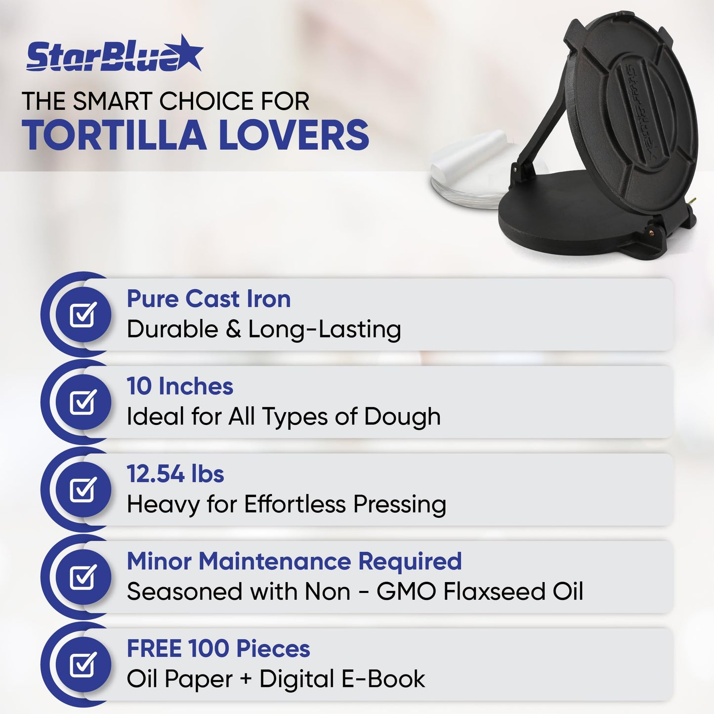 10 Inch Cast Iron Tortilla Press by StarBlue with FREE 100 Pieces Oil Paper and Recipes e-book - Tool to make Indian style Chapati, Tortilla, Roti
