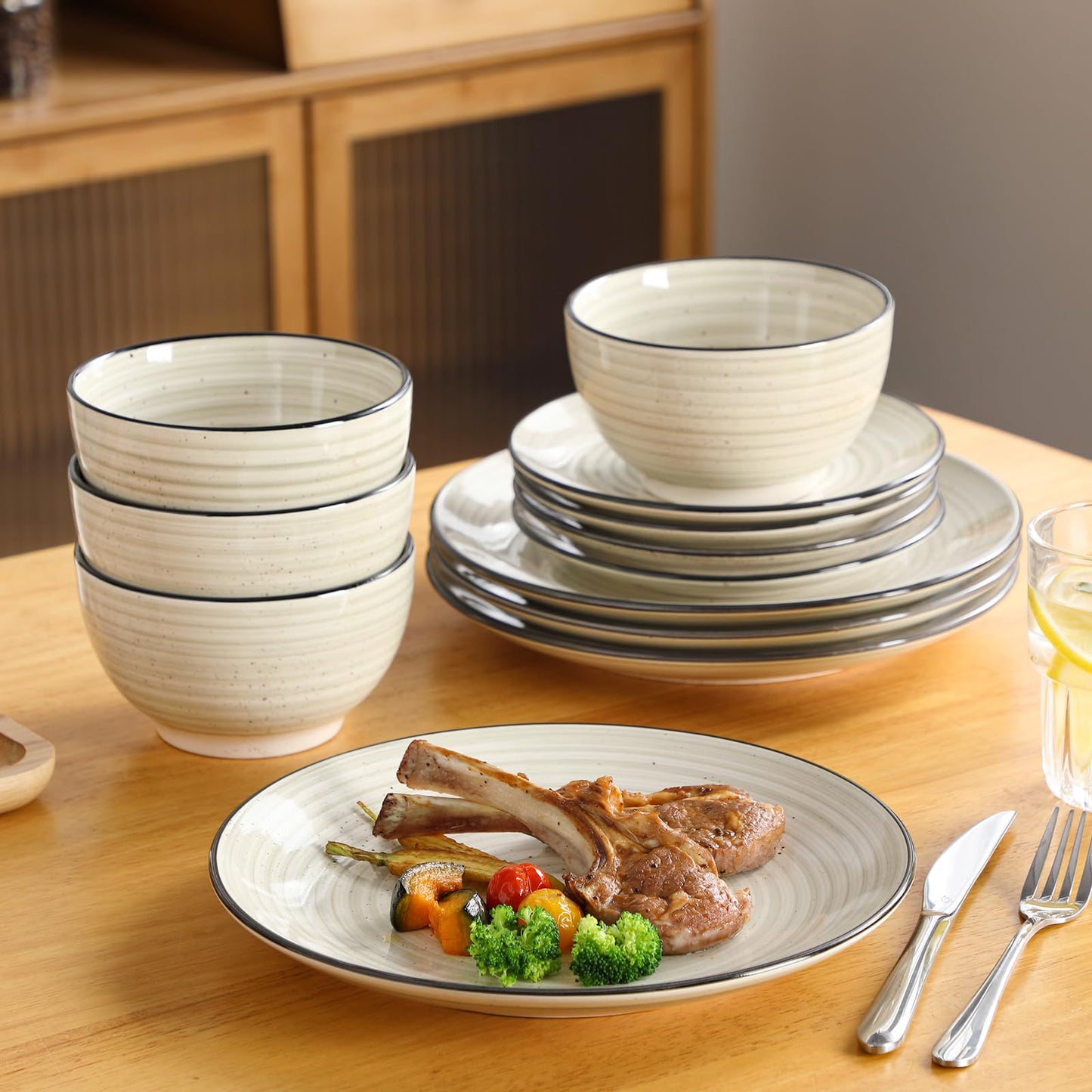 vancasso Dinnerware Sets 12 Pieces Bonbon Beige Dinner Set, Plates and Bowls Sets with Dinner Plates Bowls Handpainted Spirals Pattern Dish Sets, Service for 4