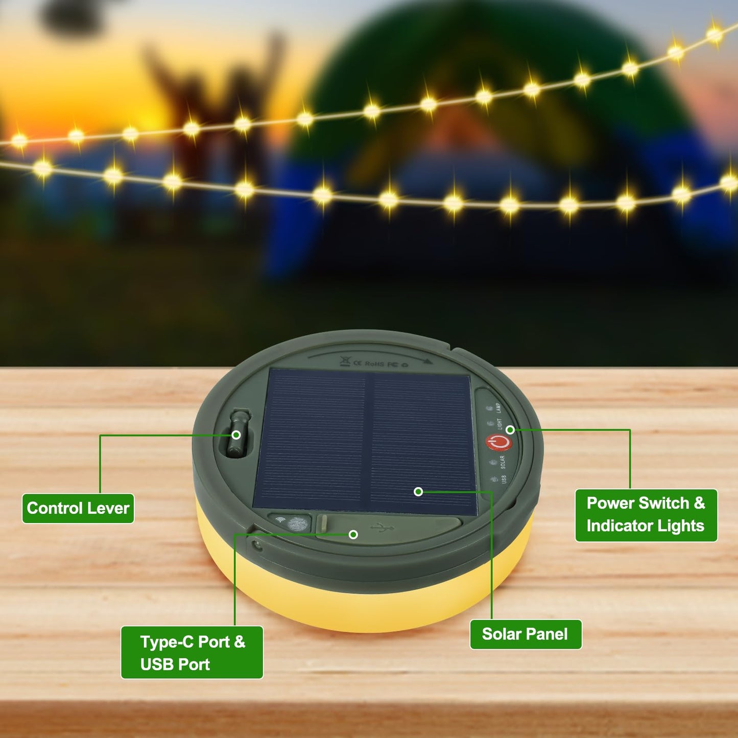 SMY Lighting 4 in 1 Solar Camping String Lights, 42.6Ft Ultra Long String with 160LEDs, Solar Powered and USB Rechargeable Light with Remote Control, Portable Camping Light for Hiking, Decorations