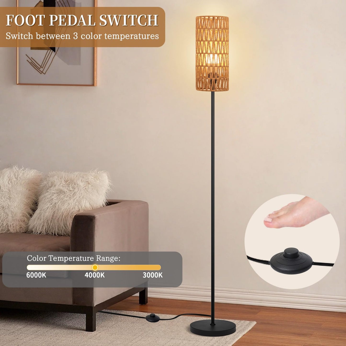 Floor Lamp for Living Room,Farmhouse Rattan Floor lamp,Modern Standing lamp with Hand-Worked Rattan Shade,Black Tall Lamp with Foot Switch