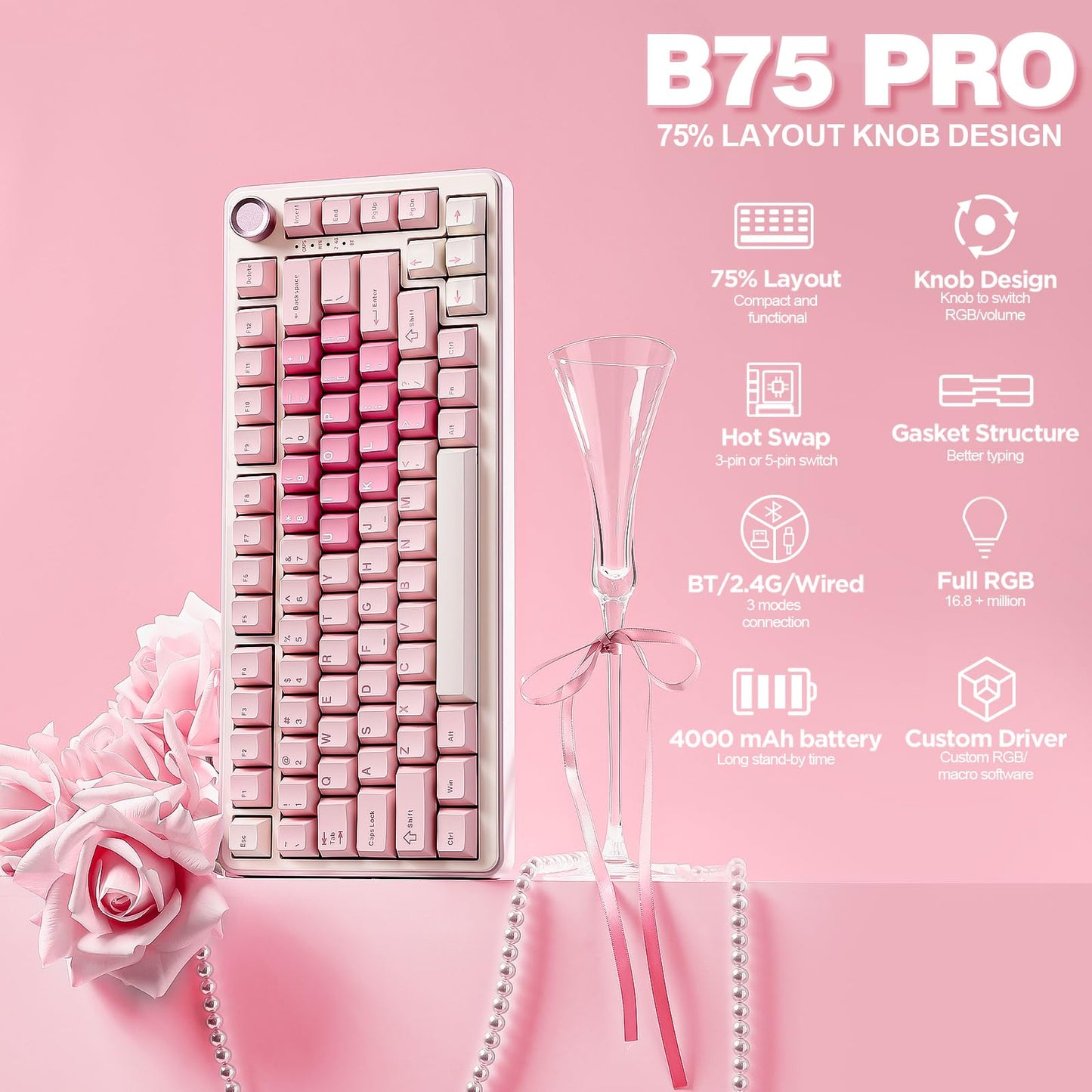 YUNZII B75 PRO Wireless Mechanical Keyboard,75% Gaming Keyboard Gasket Hot Swap Custom Keyboard with Knob,Pre-lubed Switches RGB,Bluetooth/Type-C/2.4G (Pink, Cocoa Cream V2 Switch)