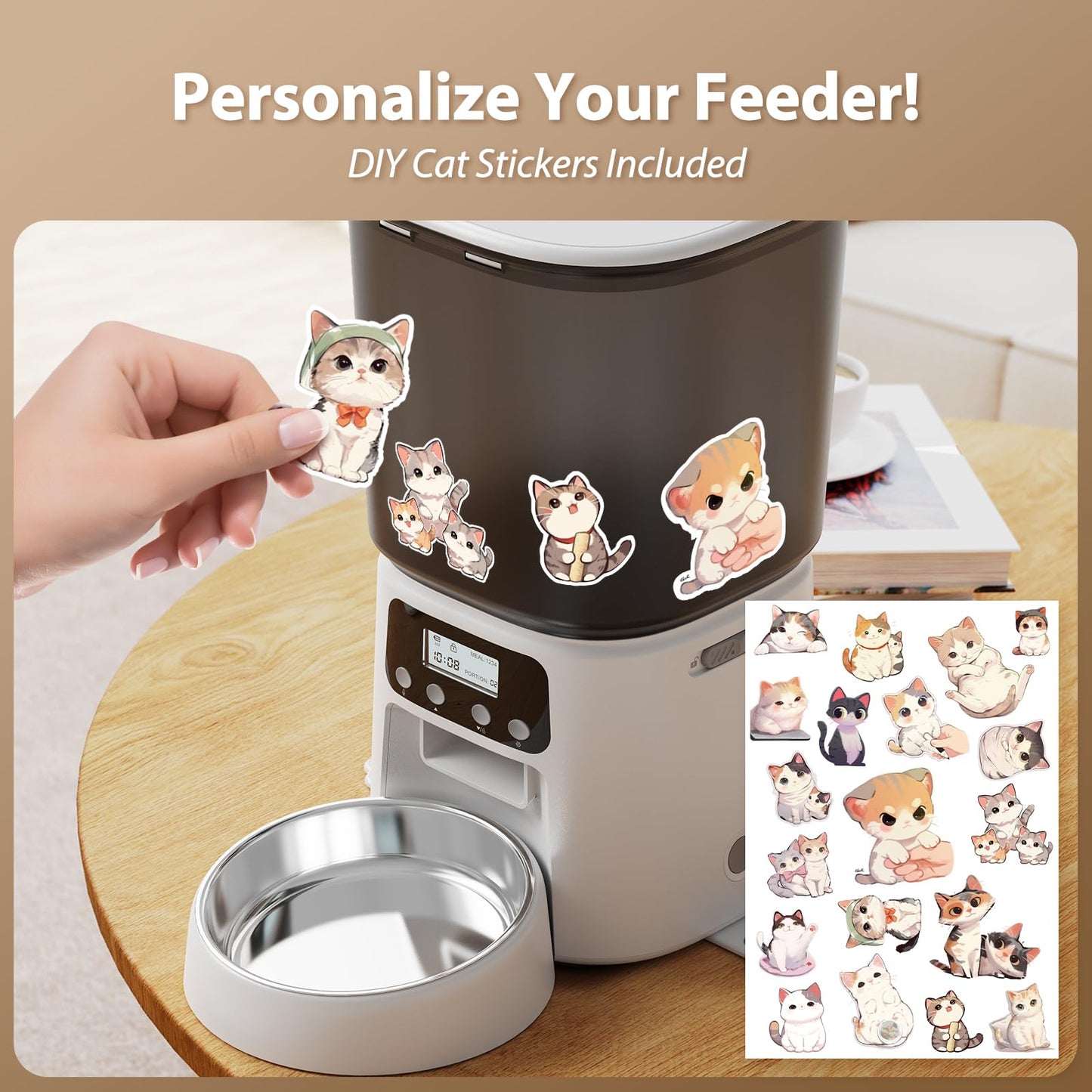 Automatic Cat Feeder, 4L Timed Cat Dry Food Dispenser, Pet Feeder up to 6 Meals and 30 Portions per Day, 10S Voice Record, Dual Power Supply, Non-Slip Base, Auto Pet Feeder for Cats and Small Dogs
