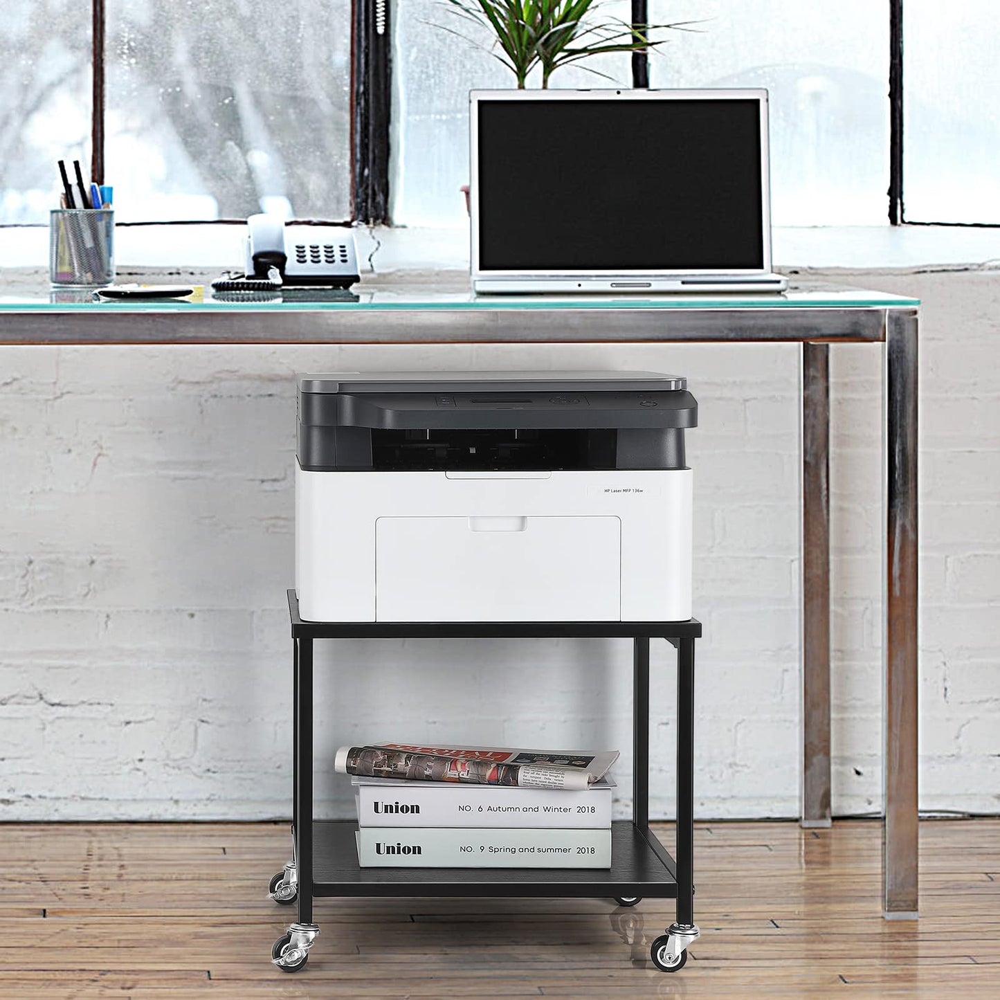 BTY Under Desk Printer Stand Small Printer Table with Storage Shelf 2 Tier Rolling Printer Stand Rack with Lockable Wheels for Office Home Scanner Printer (Black)