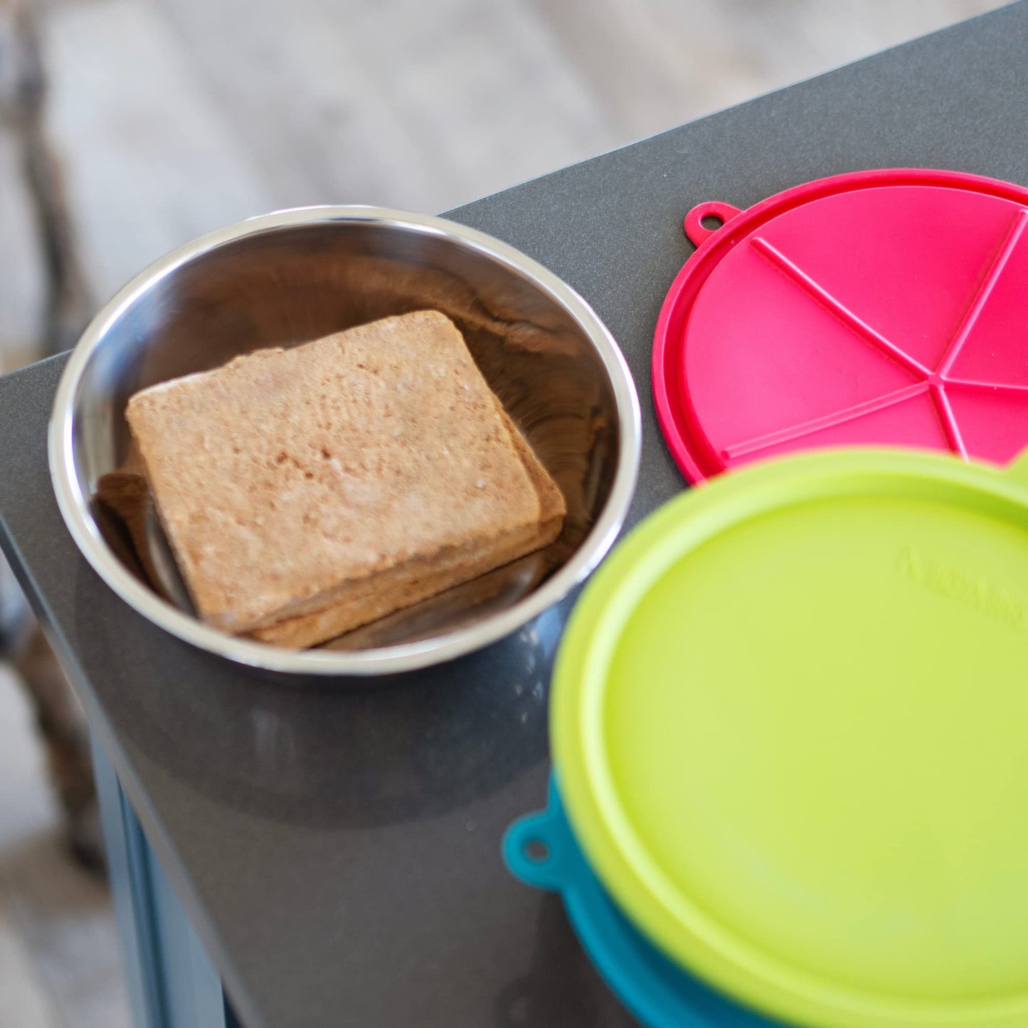 Messy Mutts 6-Piece Set | Three Stainless Steel Bowls and Three Colorful Silicone Lids | Sealable Travel Containers | Portable Food/Water Dishes for Pets | Extra Large, 6 Cups