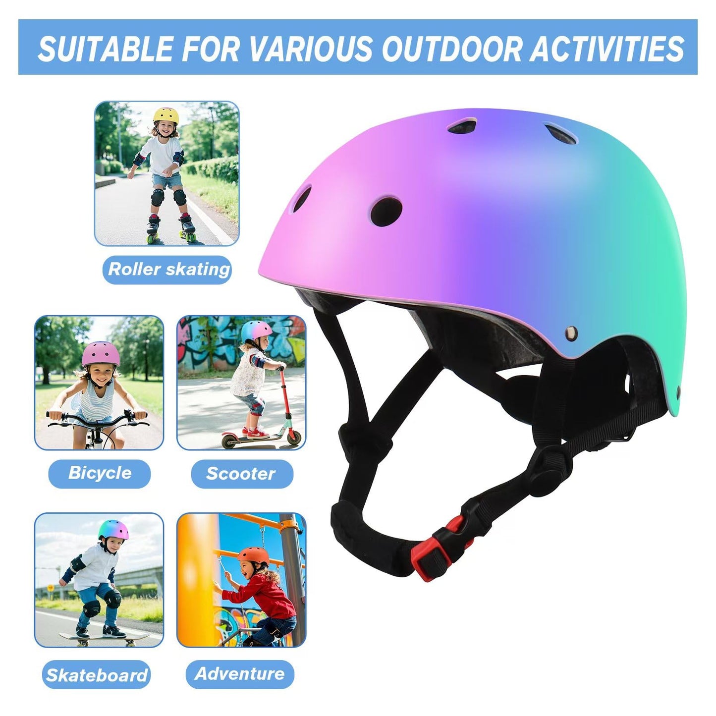 Color Gradient Adjustable Kids' Helmet with Knee & Elbow Pads Set | Multi-Sport Safety Gear for Boys & Girls Ages 3-14 | Skateboarding, Scooters, Roller & Inline Skating, Longboarding