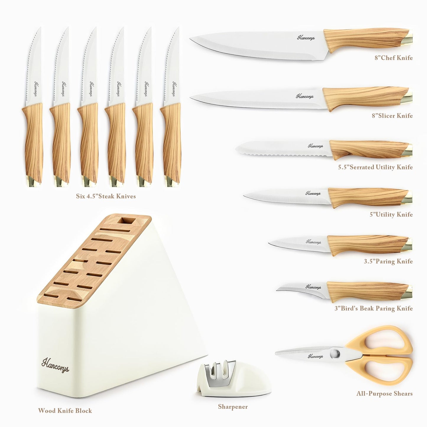 Hancorys Knife Set, 14 Pieces Kitchen Knives Set with Block and Gift Sharpener, High Carbon Stainless Steel and Ergonomic Handle Knife Block Set