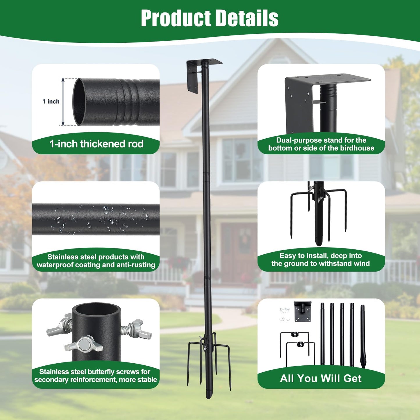 Bird Feeder Pole, 105" Squirrel Proof Feeder Stand with 5-Pronged Base, Outdoors Heavy Duty, Adjustable, Black Bird House Pole
