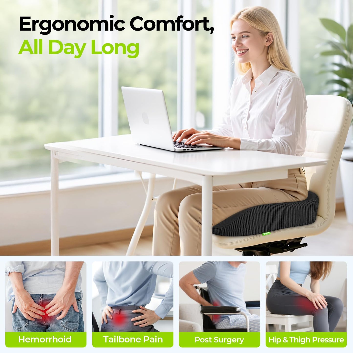AUVON Ergonomic Donut Pillow Seat Cushion for Hemorrhoid & Tailbone Pain Relief, Thick Memory Foam Chair Cushions with Firm Support for Coccyx, Sciatica, Pressure Sores, Pregnancy, Postpartum Recovery
