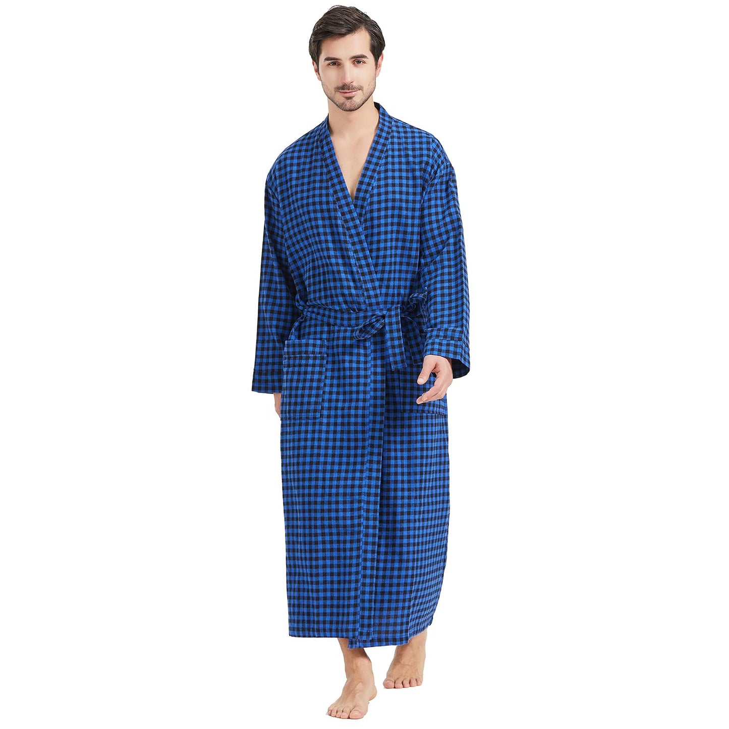 FashGudim Mens Buffalo Plaid 100% Cotton Flannel Shawl Collar Robe Lightweight Full Length Bathrobe Loungewear House Robes, Black/Blue, Large-X-Large Big Tall
