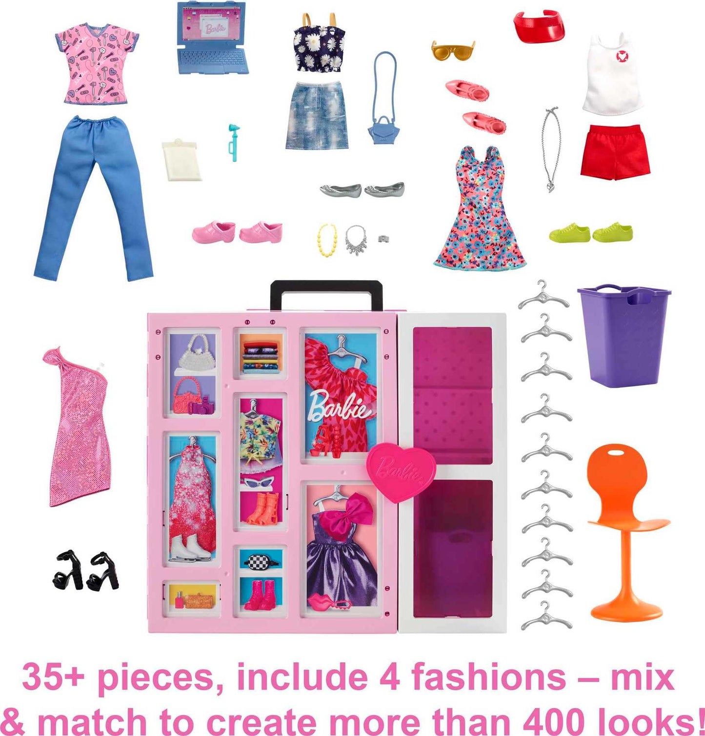 Barbie Dream Closet Playset with 35+ Doll Clothes & Accessories, Includes 5 Complete Looks, Pop-Up Second Level, Mirror & Laundry Chute