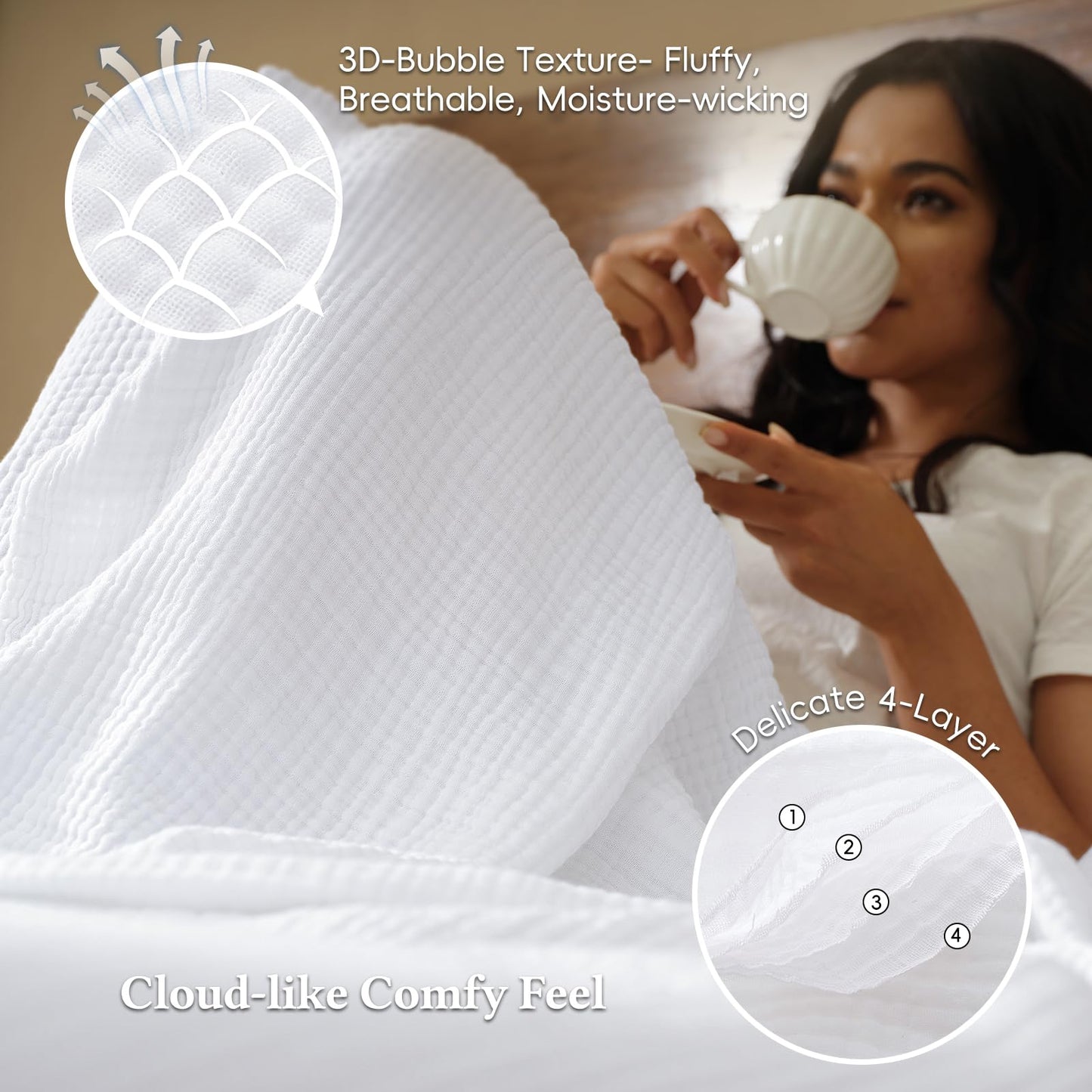 David's Home 100% Cotton Muslin Queen Size Blanket, 4-Layer Breathable and Lightweight Gauze Blanket for Bed Couch, Soft Muslin Blanket for Adults Hot Sleepers, Room Decor, White, 90 * 90"