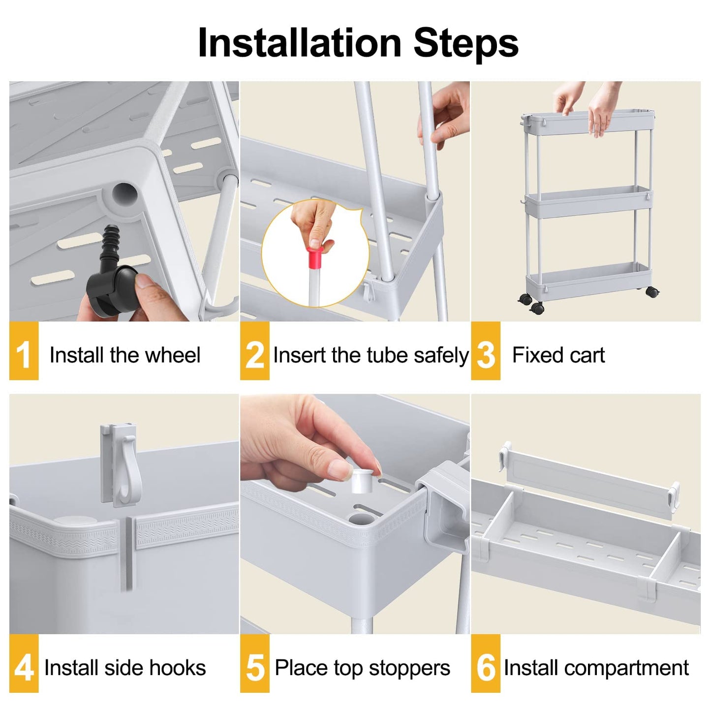 SPACELEAD Slim Storage Cart 4 Tier,Bathroom Organizer Rolling Utility Cart, Mobile Shelving Unit Slide Out Storage Cart for Office, Bathroom, Kitchen, Laundry Room & Narrow Places， Gray