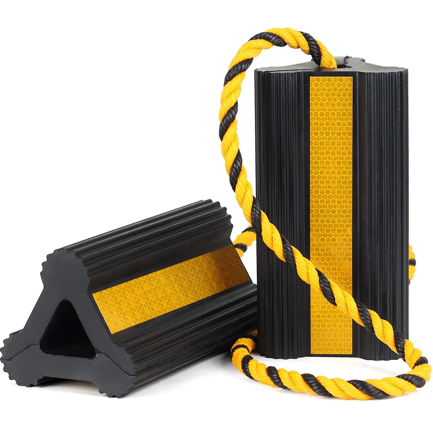OULEME Heavy Duty Rubber Wheel Chocks, RV Tire Chock Blocks with Nylon Rope ＆ Yellow Reflective Tape, Non-Slip Wheel Stoppers for Camper, Travel Trailers, Aircraft, Car, Truck (1 Pair)