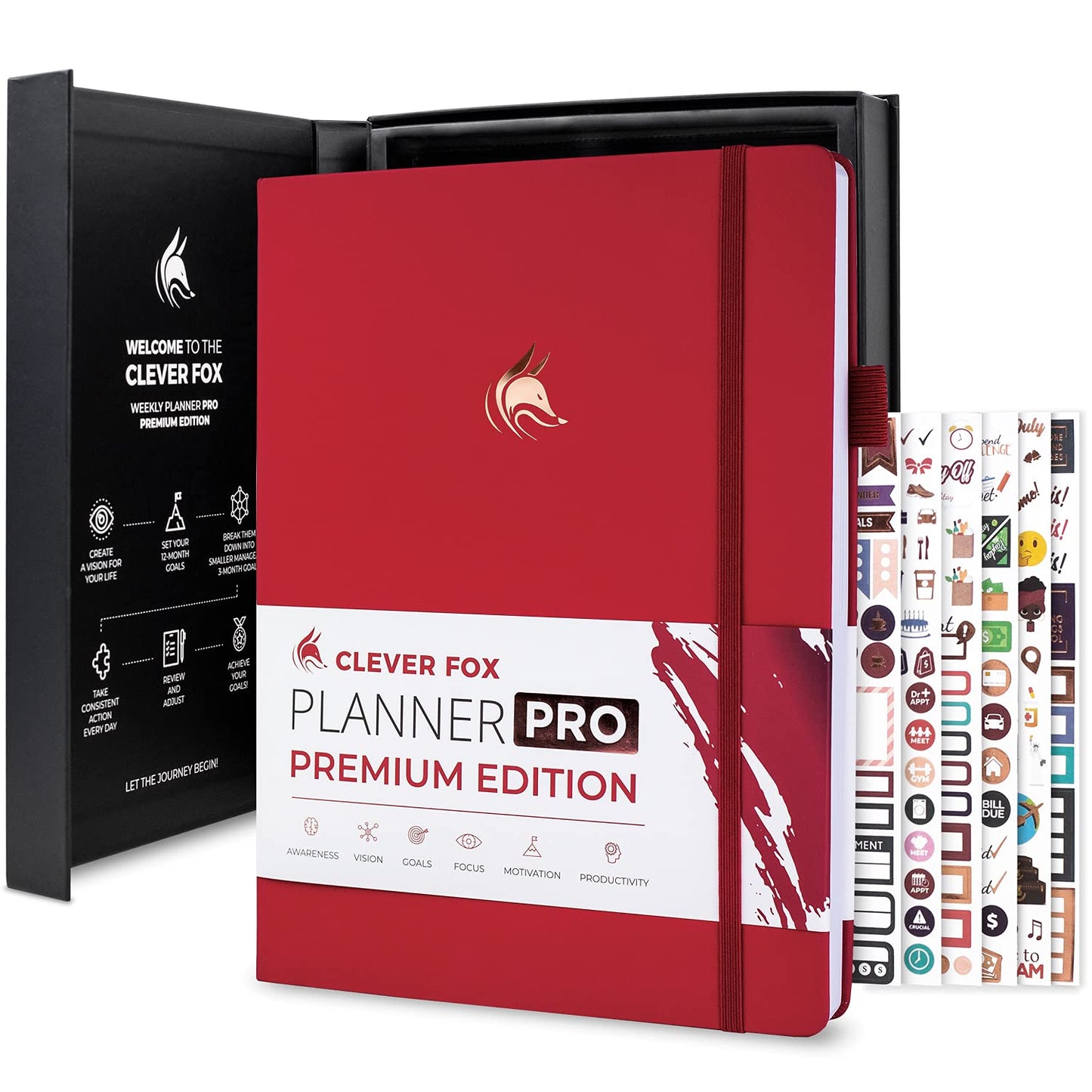 Clever Fox Planner Pro Premium Edition – Luxurious Weekly & Monthly Planner + Budget Planner Organizer for Productivity & Reaching Goals, Undated, A4 Hardcover + Keepsake Box – Wine Red