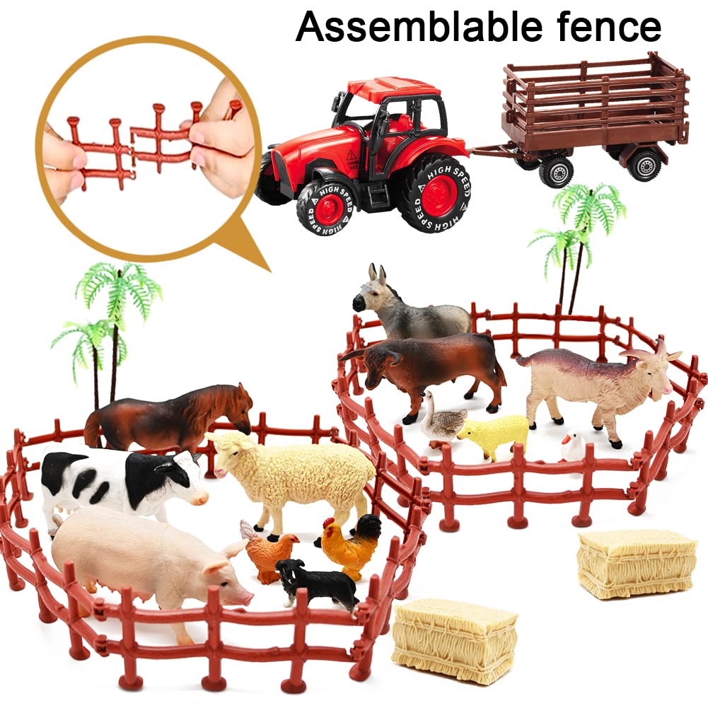 3 Pack Farm Toy Tractor with 40pcs Plastic Farm Animals Figurines and Fence Farm Playset, Farm Figures Farmer Vehicle Toy Truck with Trailer for Kids Boys Girls Toddlers
