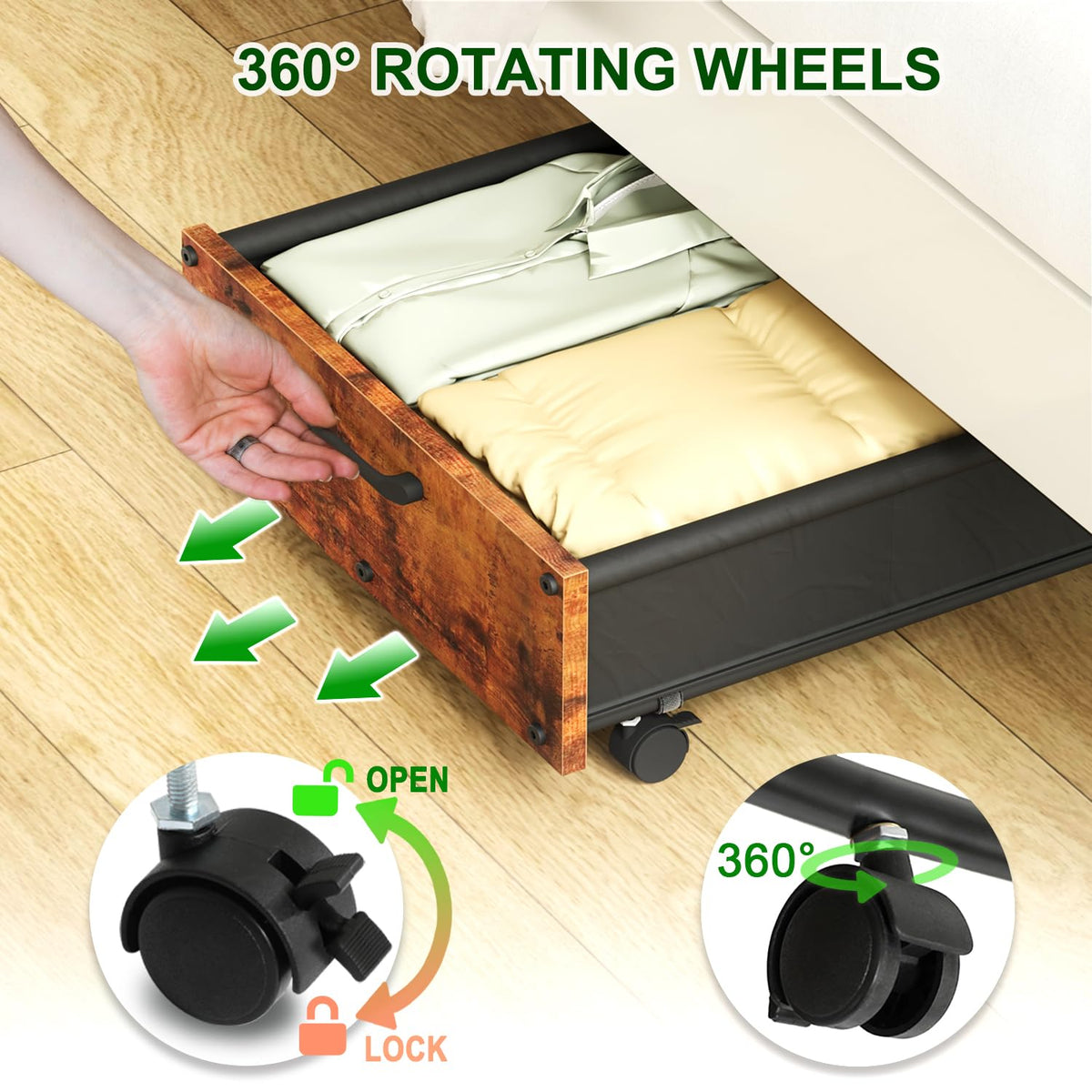 2 Pack Wood Under Bed Storage with Wheels-55 L/pc, Large Storage Containers for Clothes, Blankets Under Bed Shoe Storage Organizer, Easy Rolling Wooden&Metal Drawer ZIMICRO