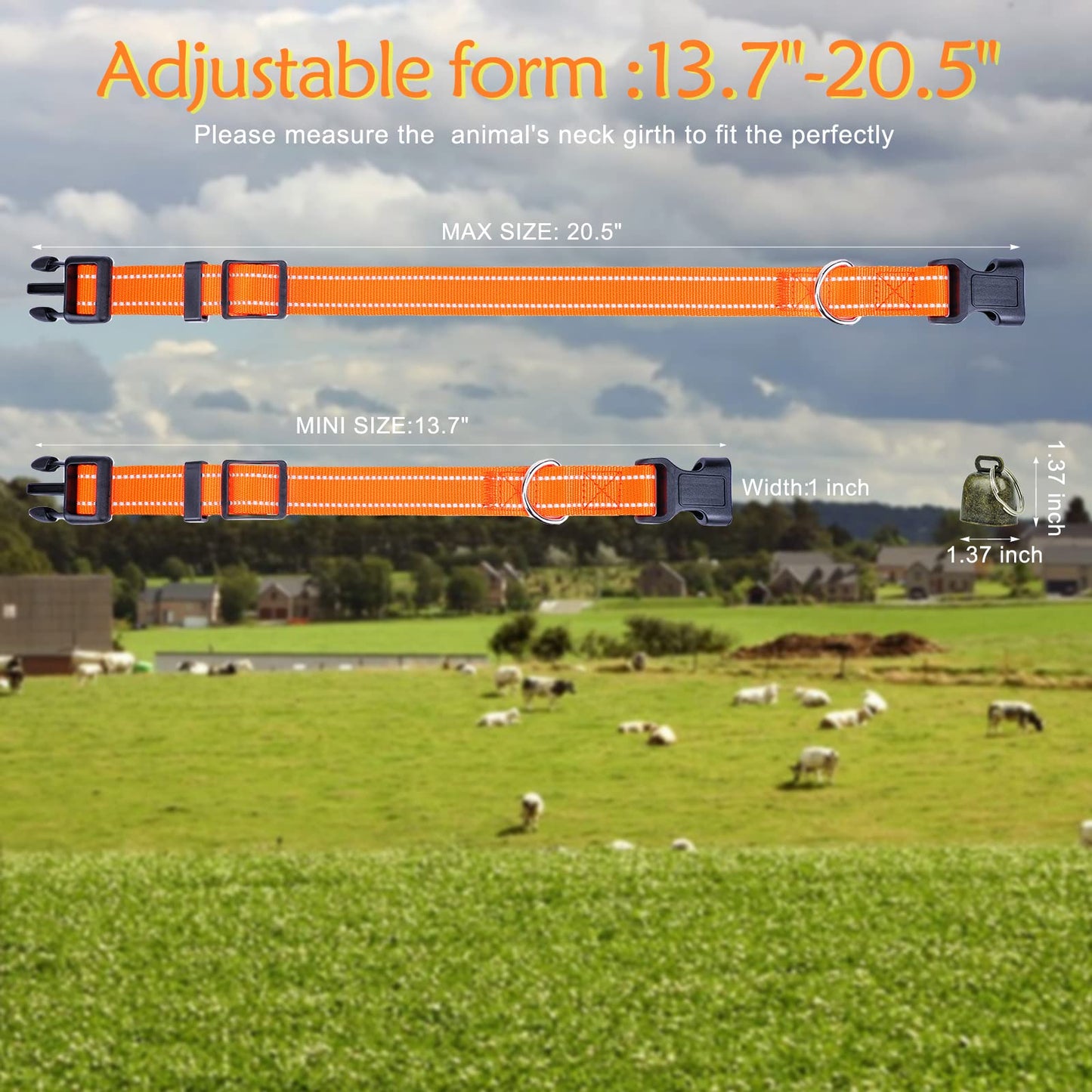 10 Pack Reflective Goat Collar with Crisp Bells,Adjustable Nylon Sheep Collar with Anti-Lost Grazing Copper Bell Quick-Release Buckle for Farm Livestock Goat Sheep Cow