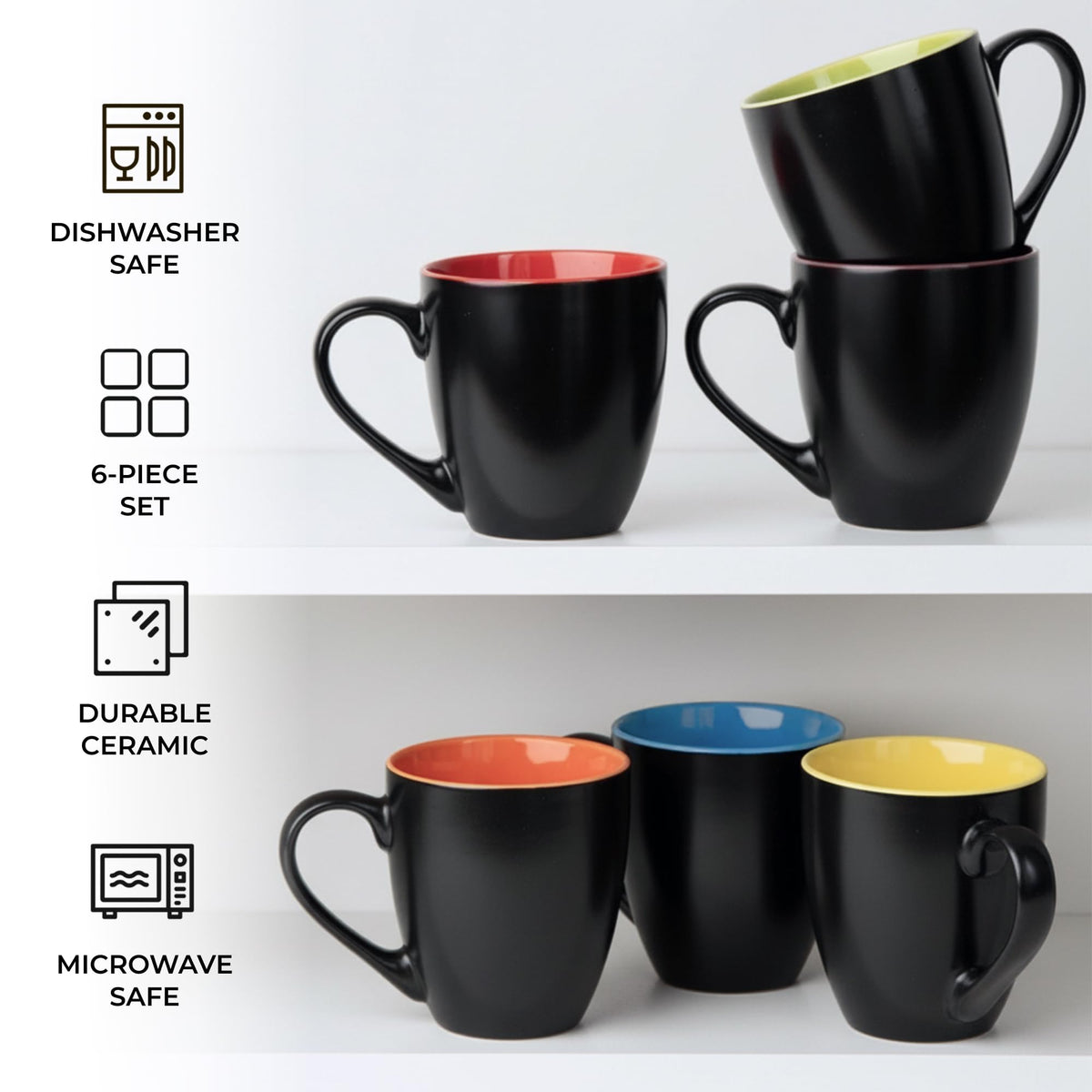 MIAMIO - 6 x 350 ml Stoneware Coffee Mug/Cup Set - Le Papillon Collection (Black-Colorful)