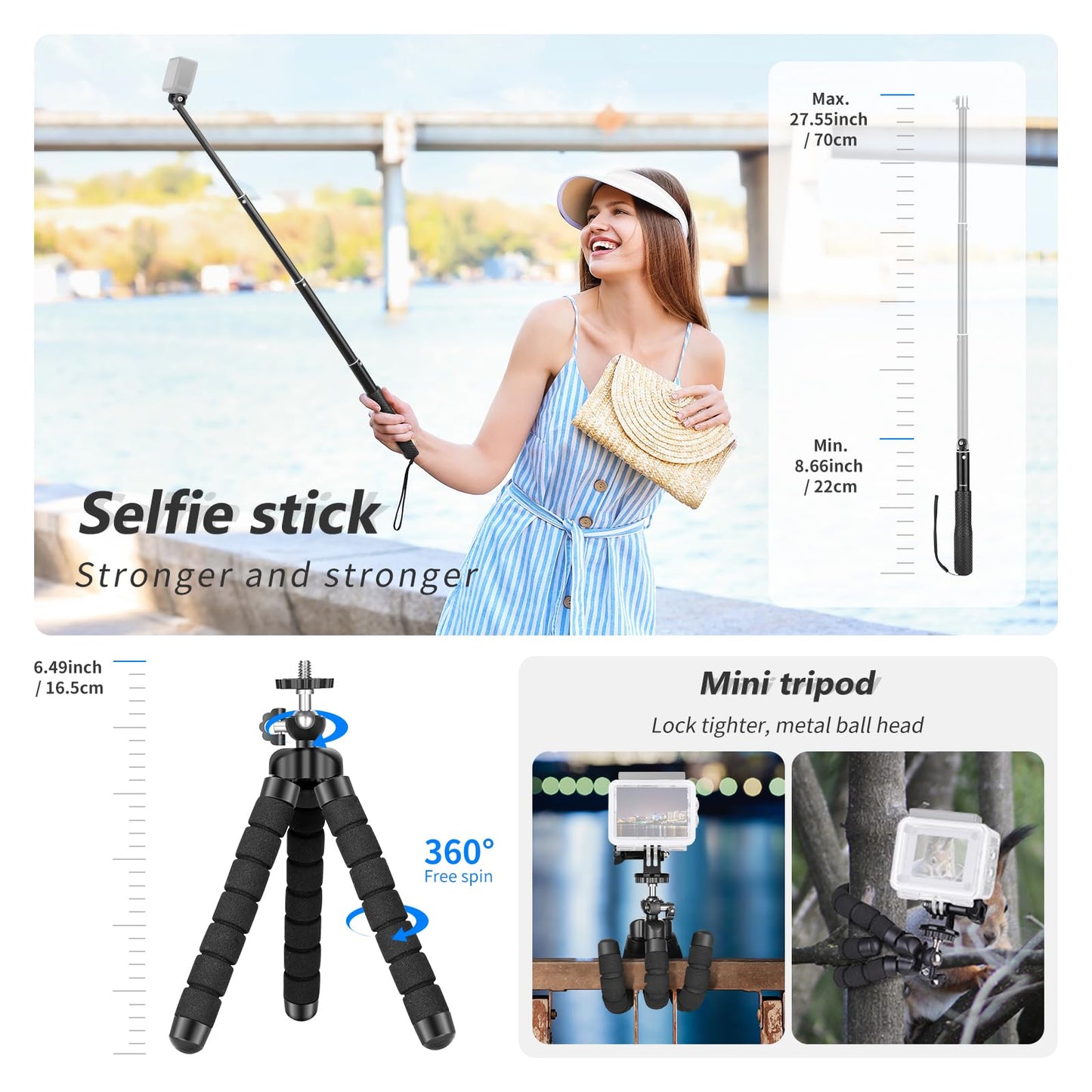 NEEWER 50 in 1 Action 5 Camera Accessory Kit Compatible with GoPro Hero 13 12 11 DJI OSMO 4 3 2 Insta360 X4 X3 SJCAM AKASO VicTsing APEMAN Campark Sony Sports DV with GP-10 Action Camera Pole Mount