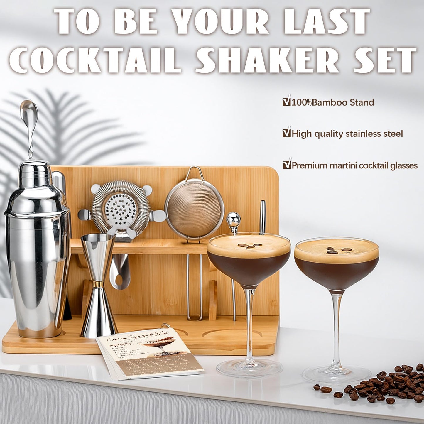 USEERIL Espresso Martini Kit Gifts Set with 2 Glasses,Mixology Bartender Kit,Cocktail Shaker Set with Bamboo Stand for Drink Mixer,Bar Set for House Warming Gifts,Home bar,Party Favors