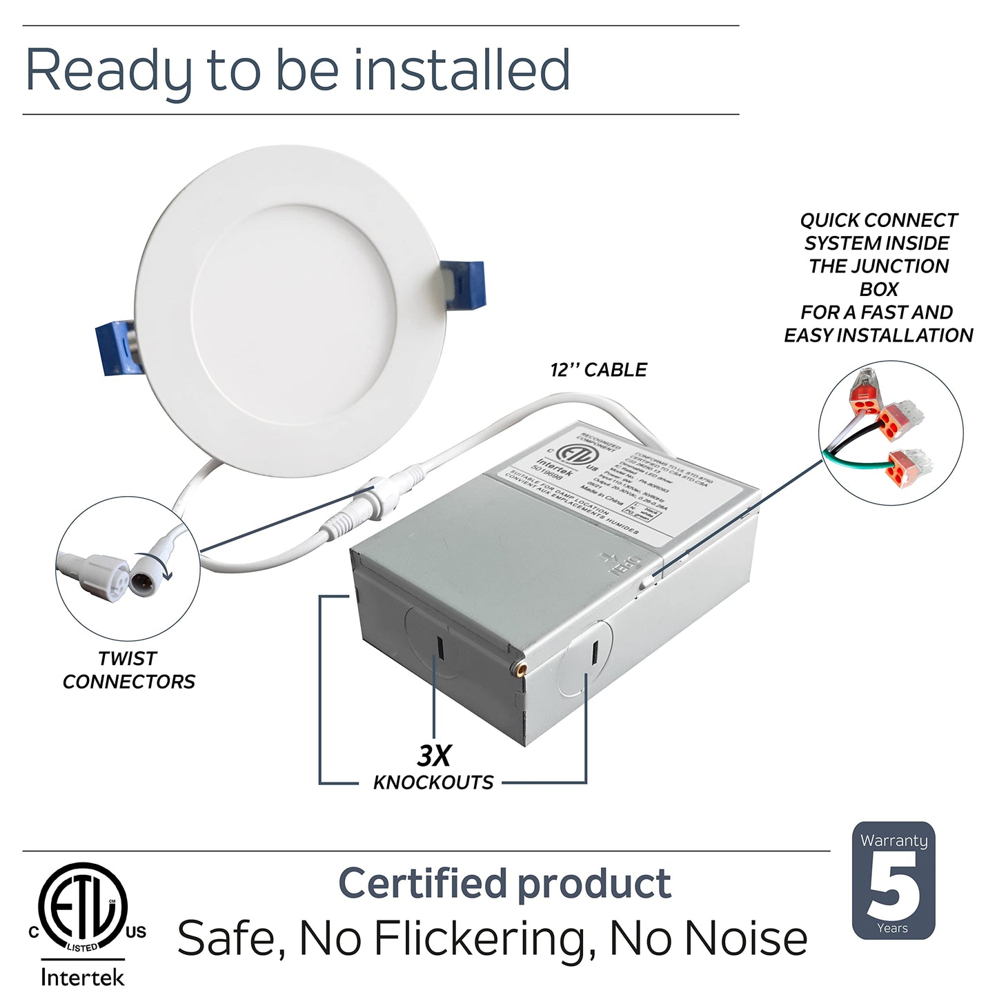 Nadair 6 Pack 3 inch LED Ultra Slim Recessed Lights, 6W, 450 Lumens, 5 Color Selectable (2.7K/3K/3.5K/4K/5K), White Finish with Extra Black Trim, Dimmable, IC Rated, ETL Certified (SL3-450CT-6WHBK)