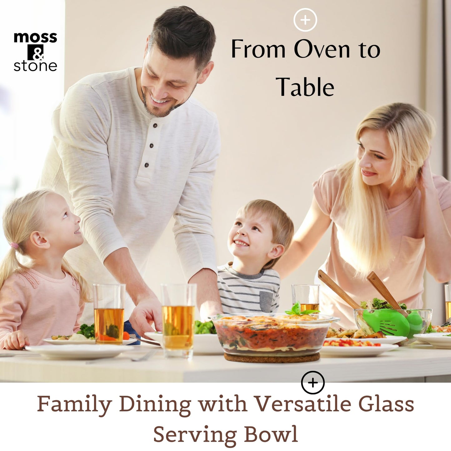 Moss & Stone Basics 3-Piece Glass Casserole Set, Borosilicate Glass, 3 Round Dishes With Lid, Oven & Microwave Safe