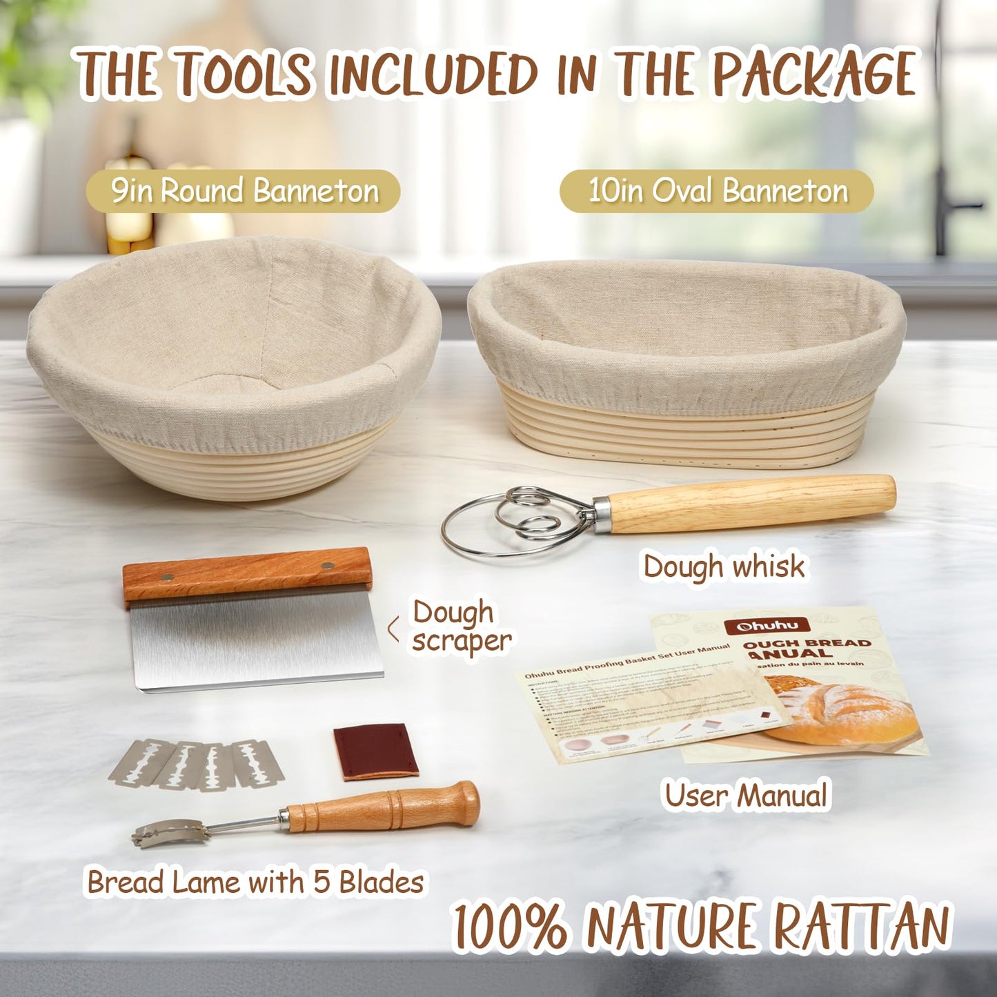 Ohuhu Sourdough Bread Starter Kit & Banneton Proofing Basket, All-in-One Set with 9" Round & 10" Oval Baskets & Tools to Bake Perfect Artisan Loaves at Home, for Beginner to Professional Bakers