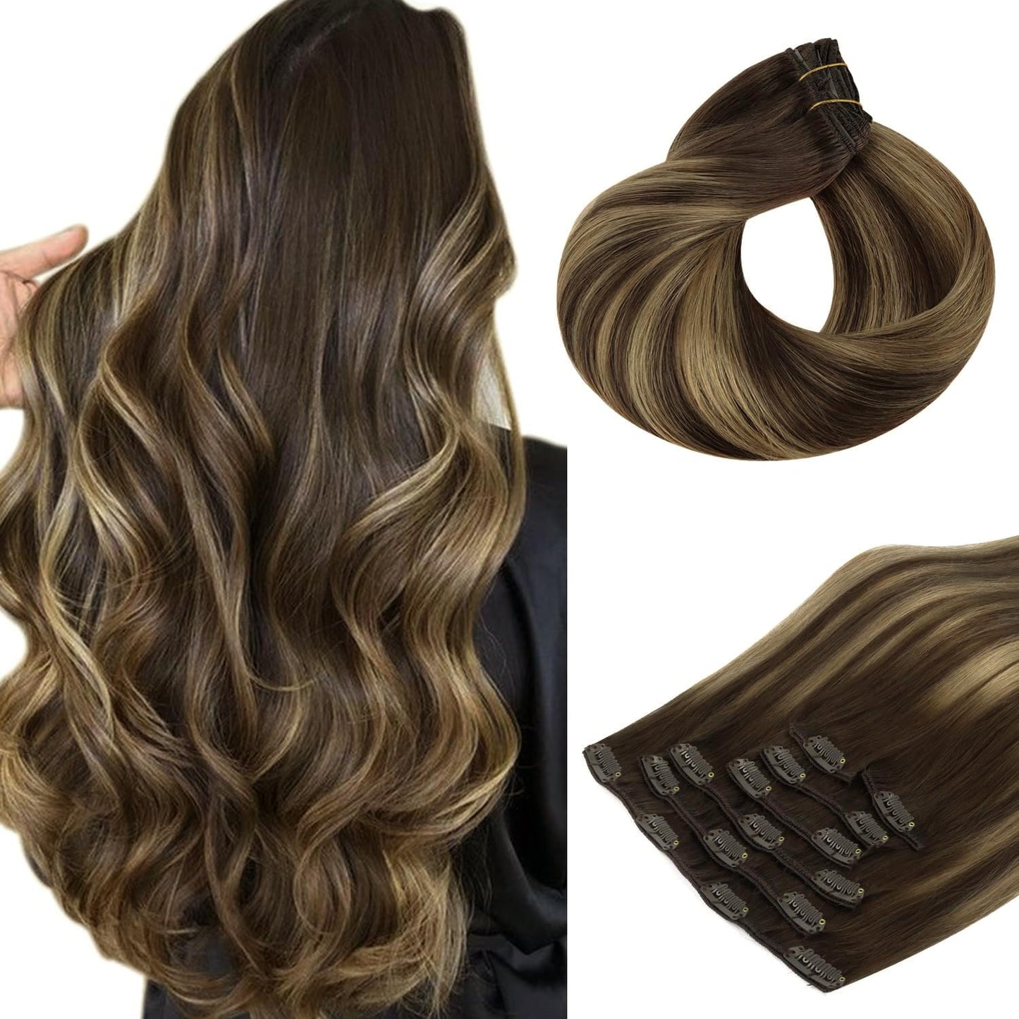 HOTBANANA Human Hair Clip in Hair Extensions, Balayage Chocolate Brown Mixed Caramel Blonde 120g Clip in Hair Extensions Real Human Hair Straight Remy Hair Clip Ins Dark Roots Ombre 22 Inch 7pcs