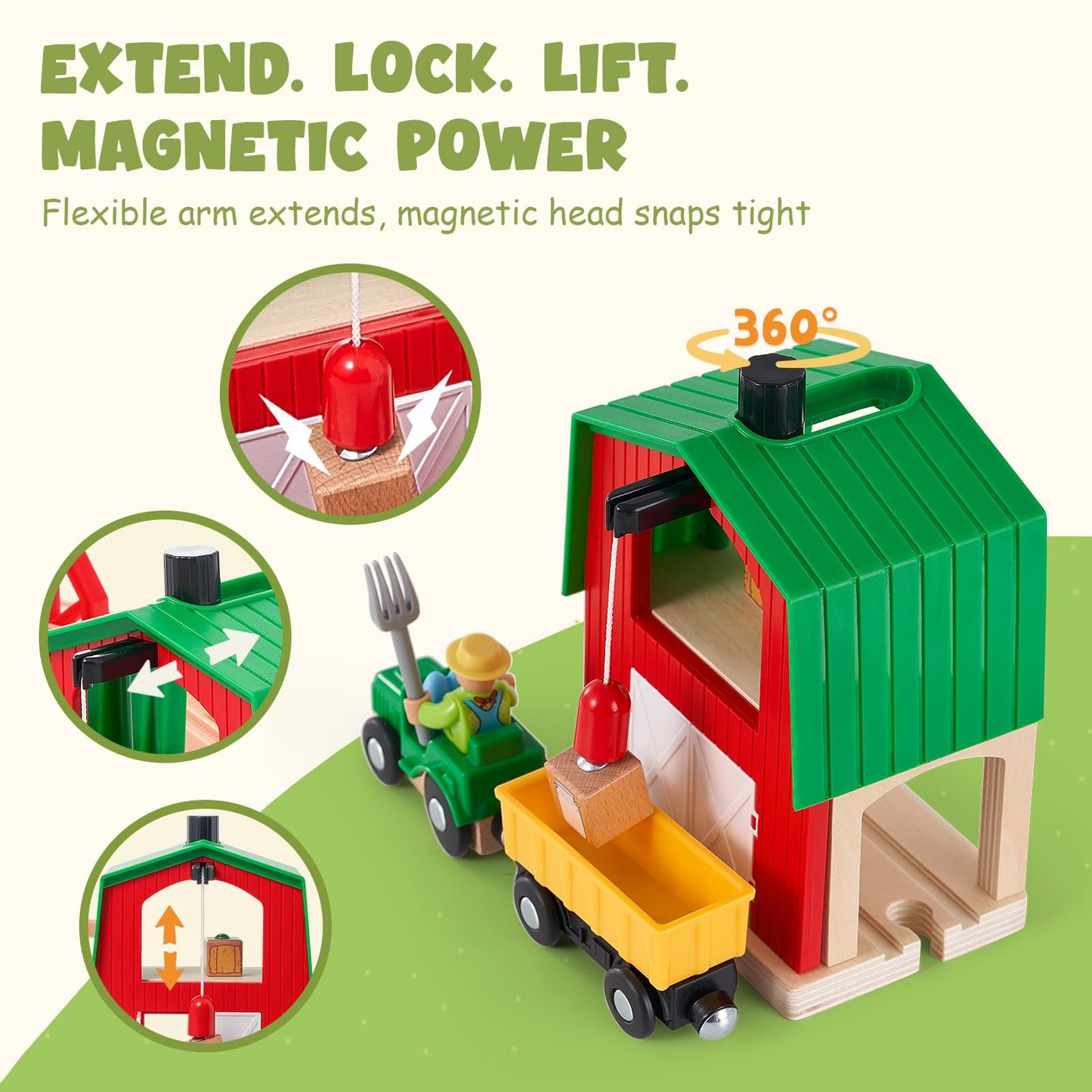 Wooden Farm Train Set for Toddlers, Battery Operated Train Railway Track Set with Bridge, Barn, Animals, Tractor Cargo Trains, Compatible with Most Brand, Toy Gift for Kids Boys Girls Age 3-8